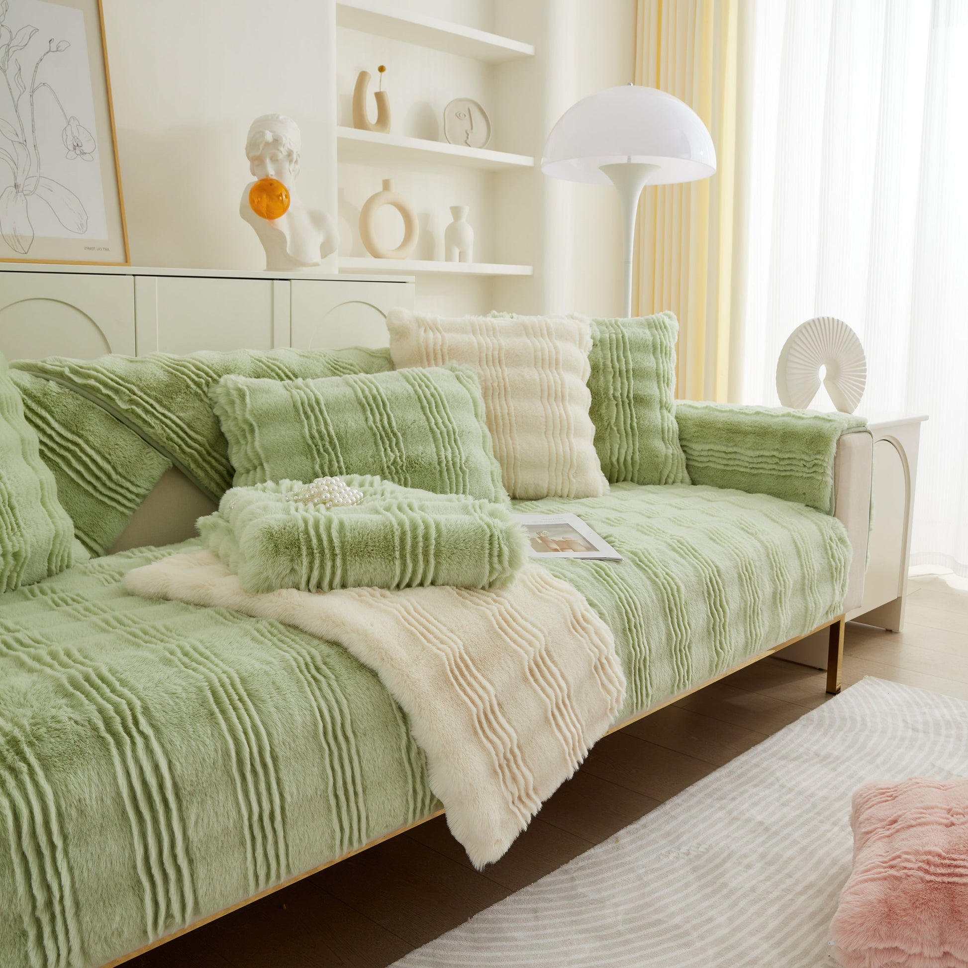 Soft Thick Faux Fur Sofa Cover Stripe Fluffy Fuzzy Non-Slip Washable Couch Covers in living room setting