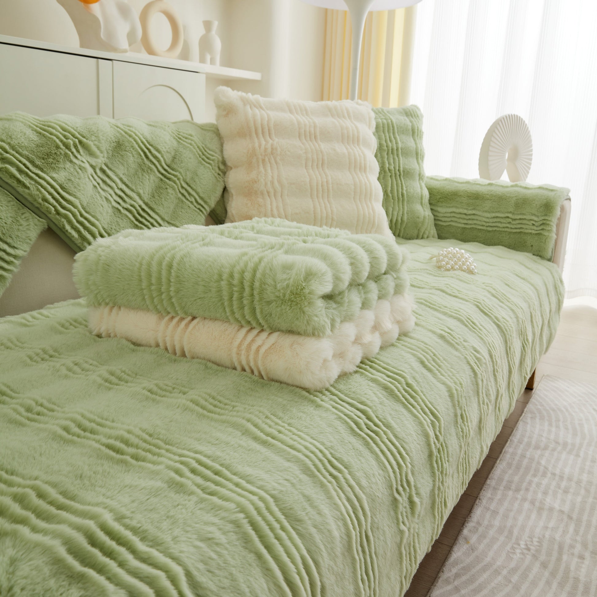Soft Thick Faux Fur Sofa Cover Stripe Fluffy Fuzzy Non-Slip Washable Couch Covers on a stylish living room setting.