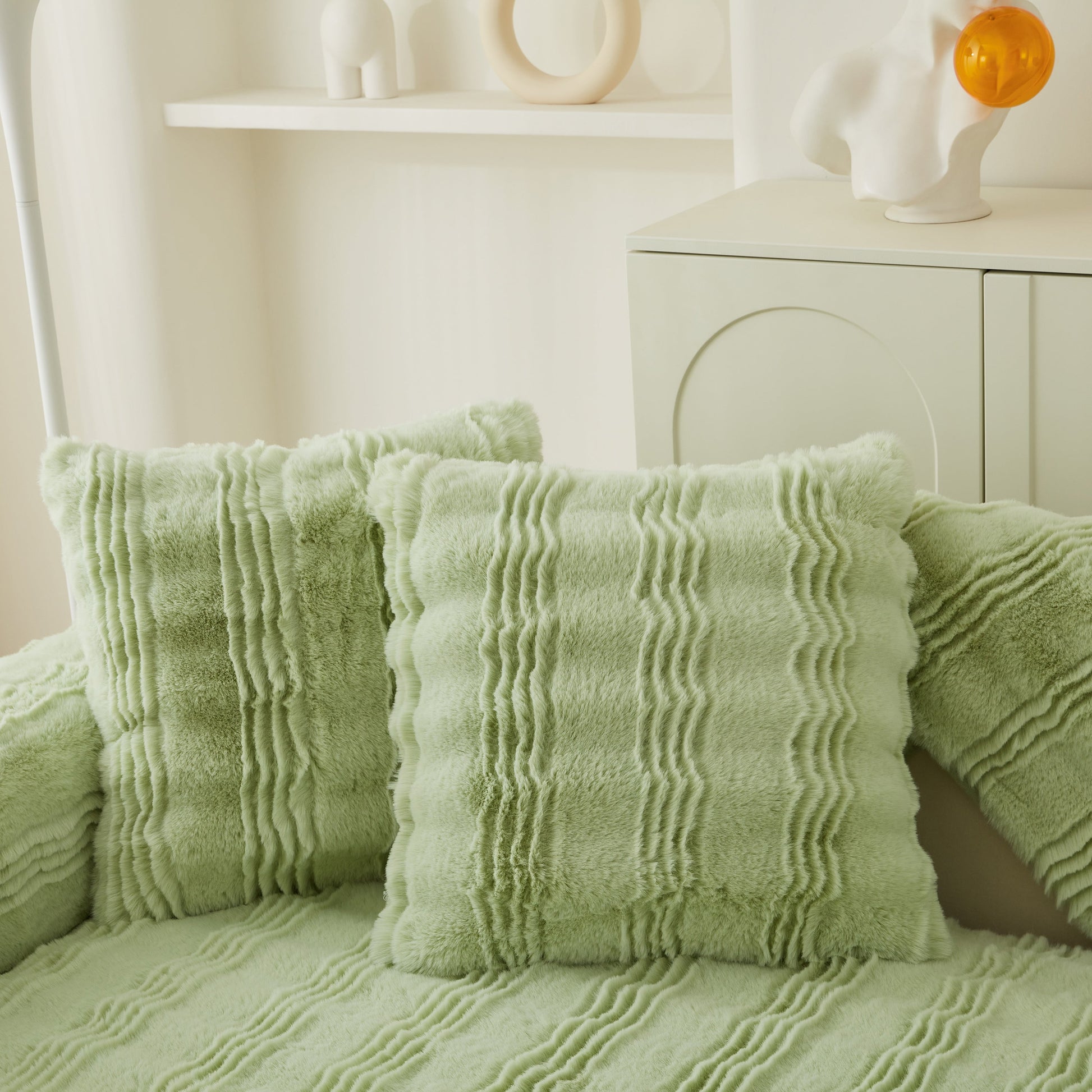 Soft Thick Faux Fur Sofa Cover Stripe Fluffy Fuzzy Non-Slip Washable Couch Covers in a stylish living room setup
