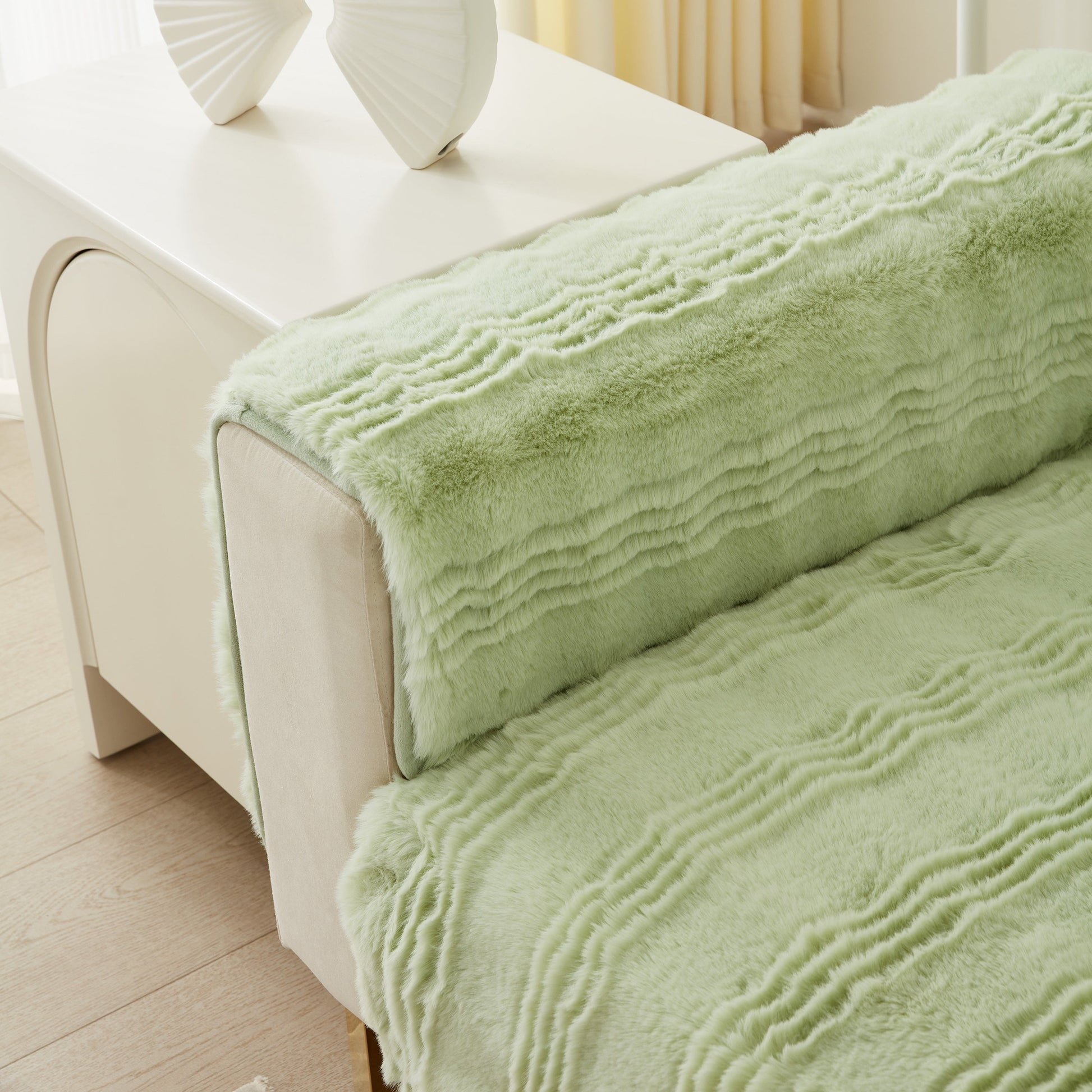 Soft Thick Faux Fur Sofa Cover Stripe Fluffy Fuzzy Non-Slip Washable Couch Covers in green, adding luxurious look to living room