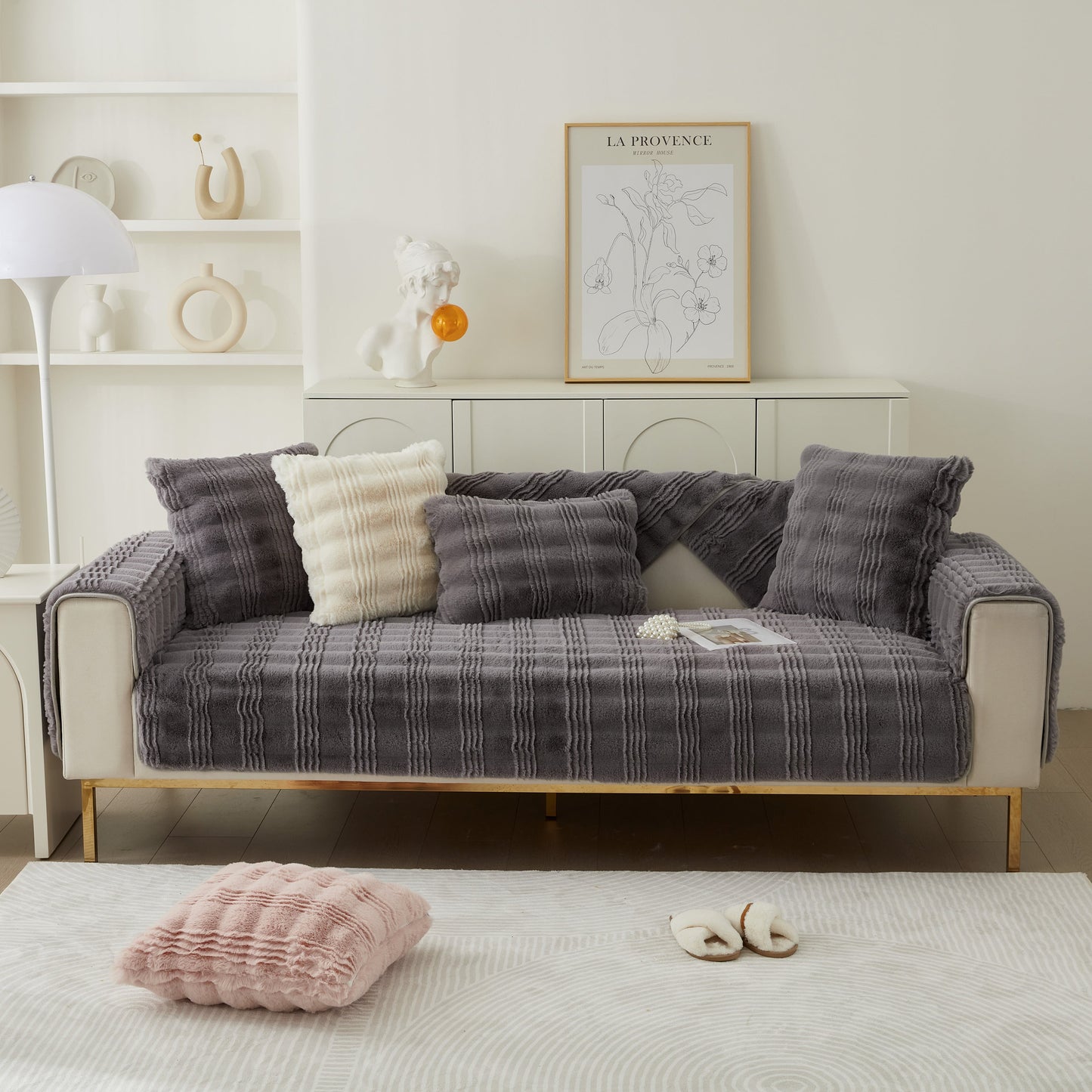 Living room featuring a Soft Thick Faux Fur Sofa Cover Stripe Fluffy Fuzzy Non-Slip Washable Couch Covers on a stylish sofa.