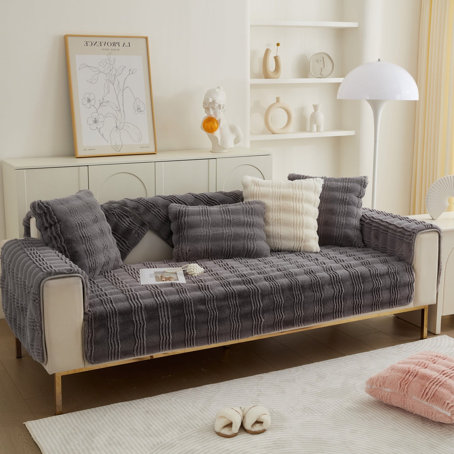 Soft Thick Faux Fur Sofa Cover Stripe Fluffy Fuzzy Non-Slip Washable Couch Covers on grey modern couch