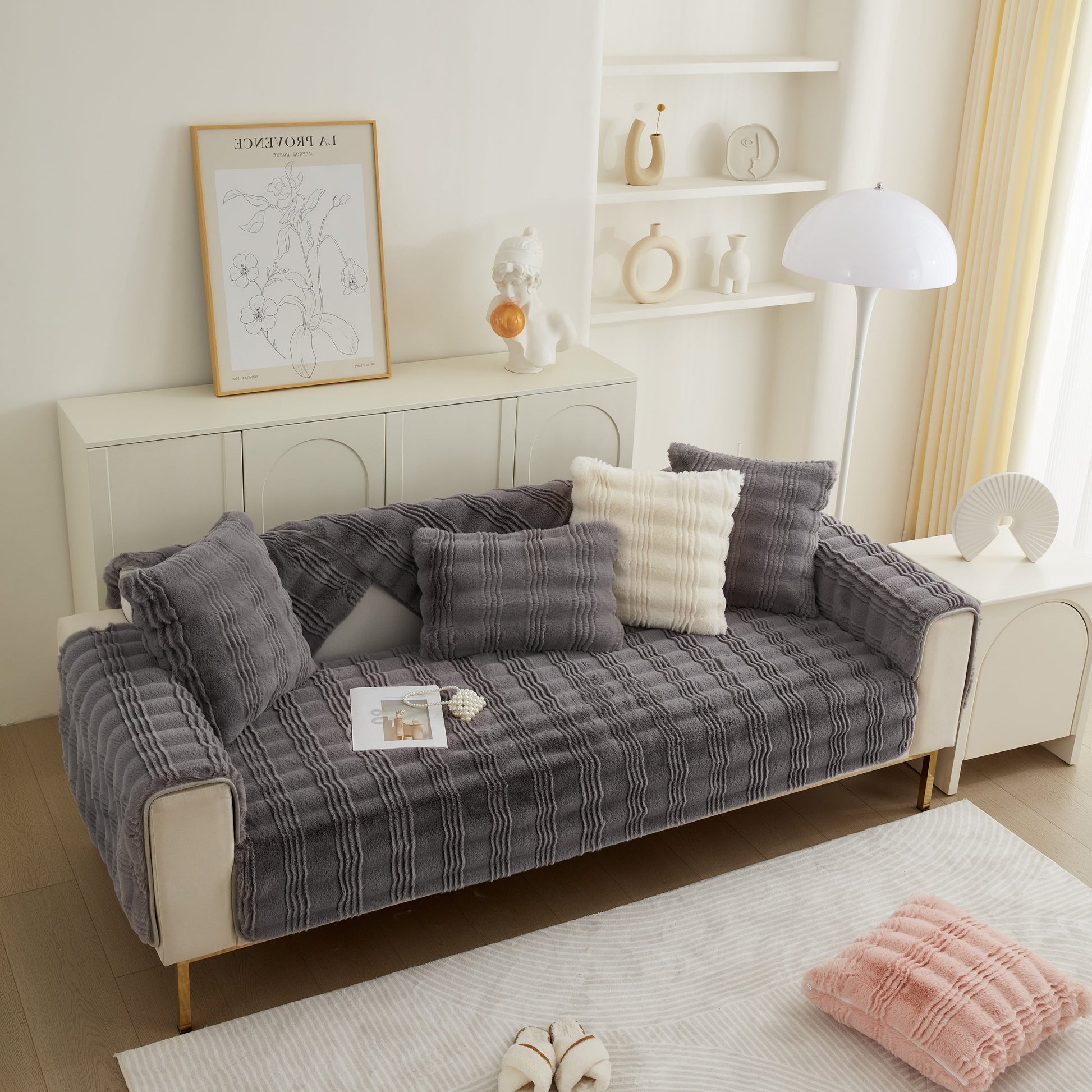 Living room with Soft Thick Faux Fur Sofa Cover Stripe Fluffy Fuzzy Non-Slip Washable Couch Covers in dark gray