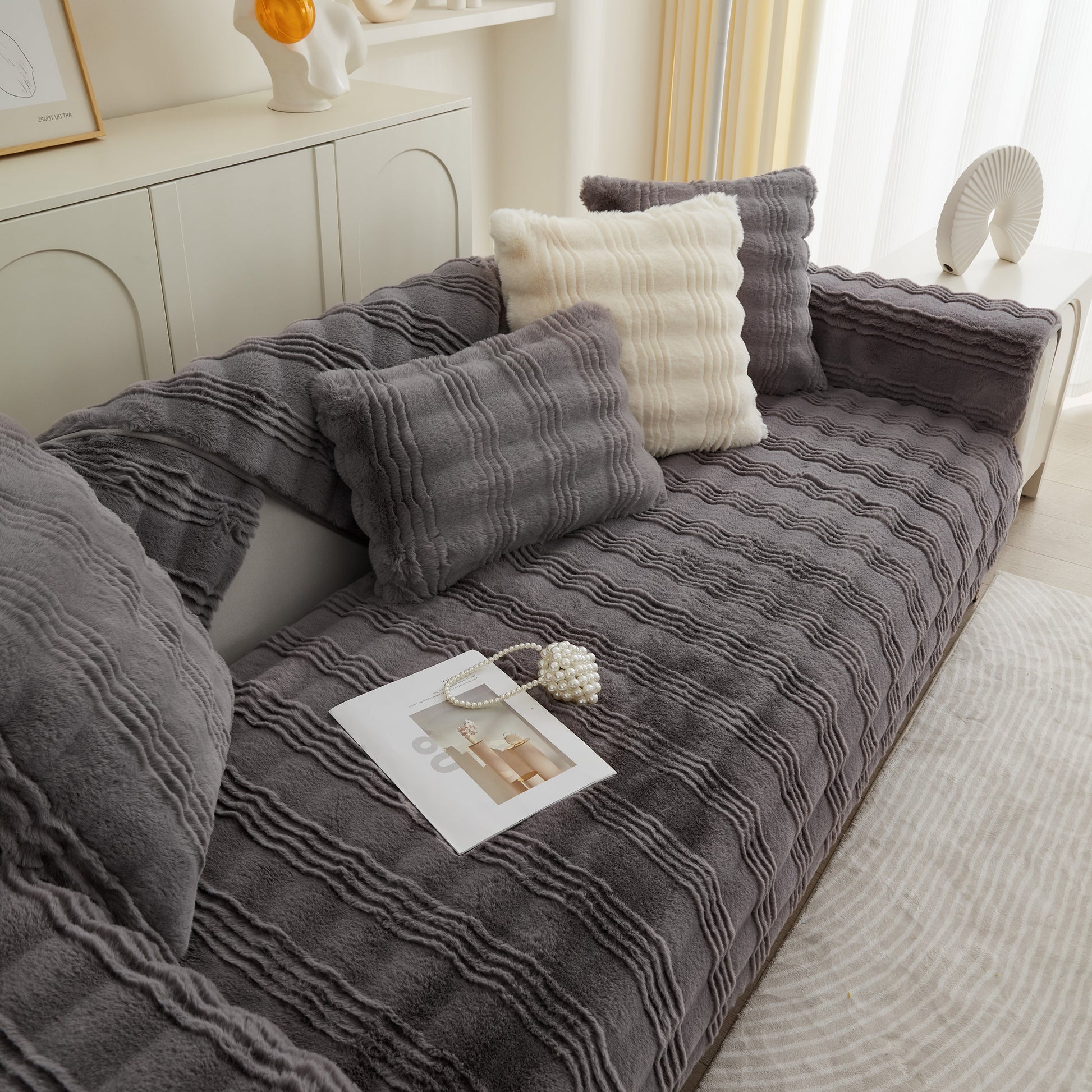 Soft Thick Faux Fur Sofa Cover Stripe Fluffy Fuzzy Non-Slip Washable Couch Covers enhancing a stylish living room setting.