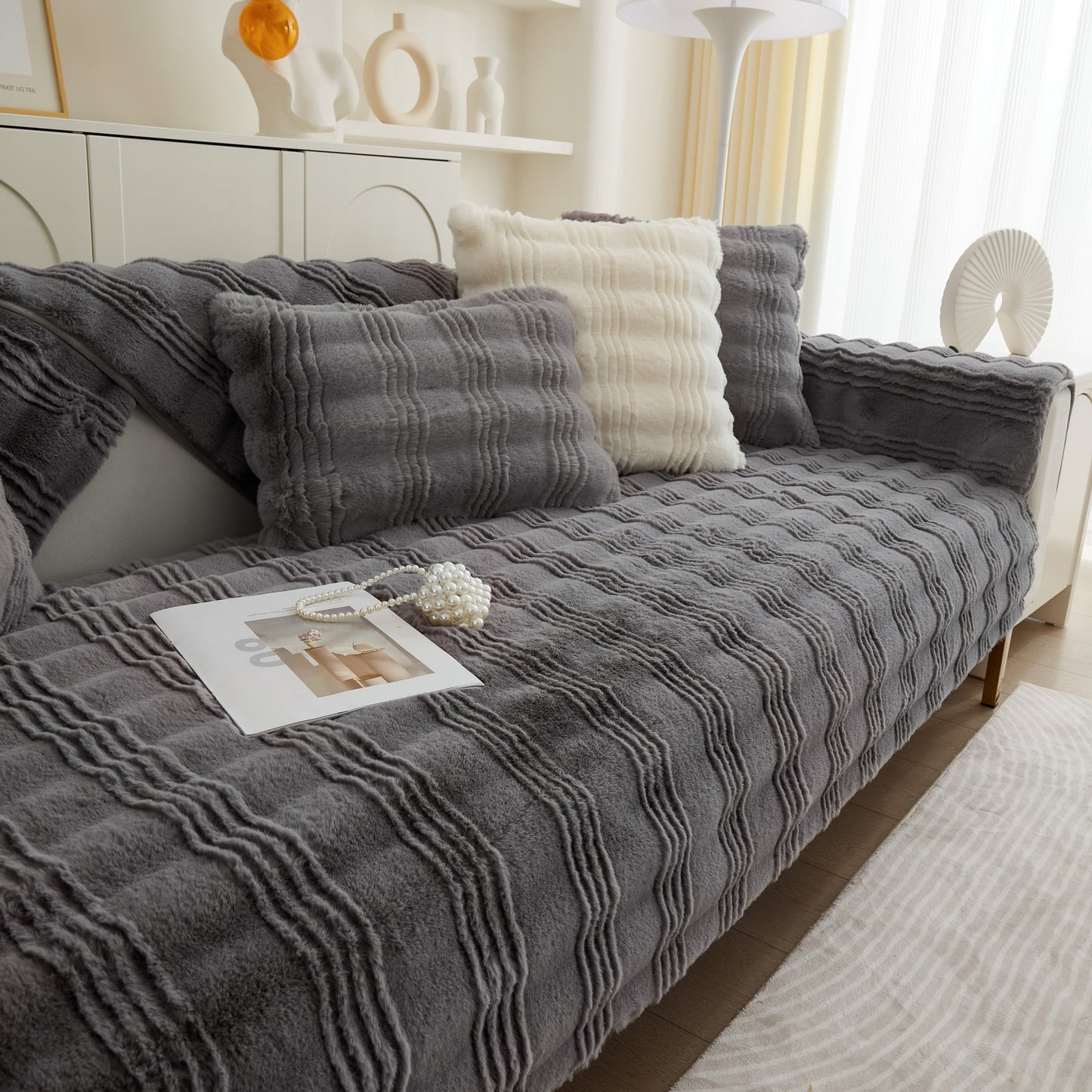 Soft Thick Faux Fur Sofa Cover Stripe Fluffy Fuzzy Non-Slip Washable Couch Covers on a stylish modern sofa
