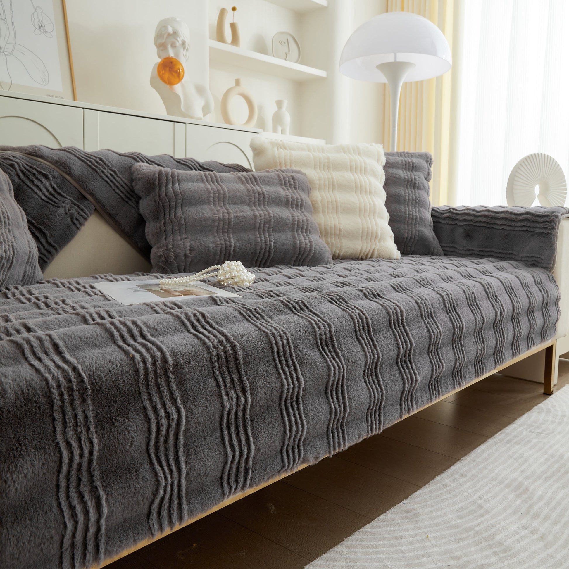 Soft Thick Faux Fur Sofa Cover Stripe Fluffy Fuzzy Non-Slip Washable Couch Covers on modern sofa in living room