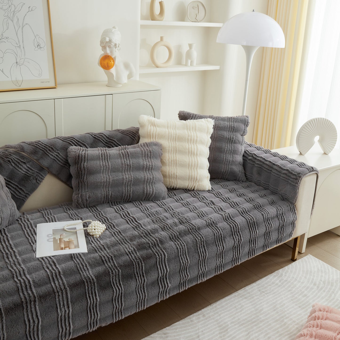Soft Thick Faux Fur Sofa Cover Stripe Fluffy Fuzzy Non-Slip Washable Couch Covers on modern sofa with decorative pillows