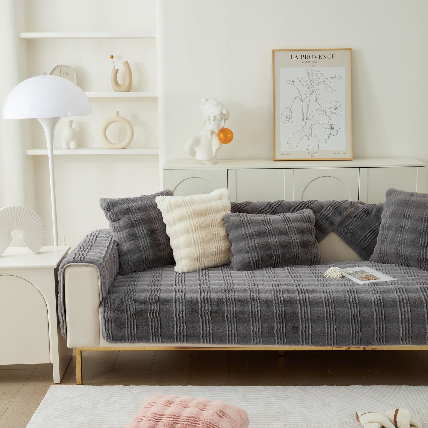 Soft Thick Faux Fur Sofa Cover Stripe Fluffy Fuzzy Non-Slip Washable Couch Covers on modern living room sofa