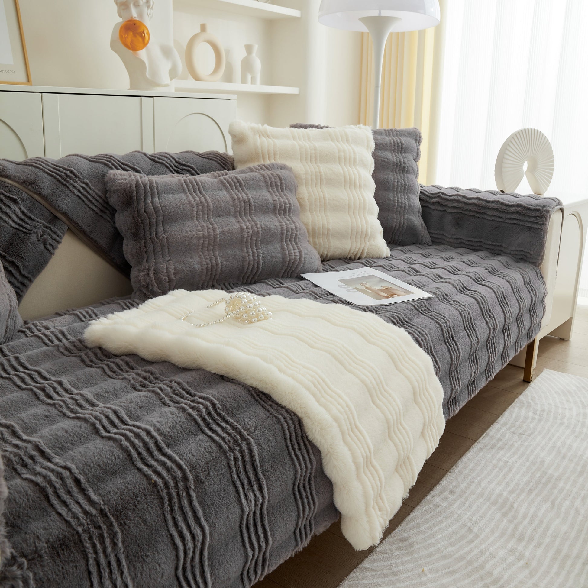 Gray Soft Thick Faux Fur Sofa Cover Stripe Fluffy Fuzzy Non-Slip Washable Couch Covers with cushions on modern sofa.