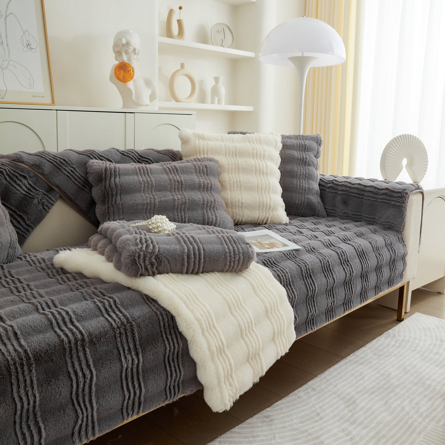 Soft Thick Faux Fur Sofa Cover Stripe Fluffy Fuzzy Non-Slip Washable Couch Covers on modern living room sofa