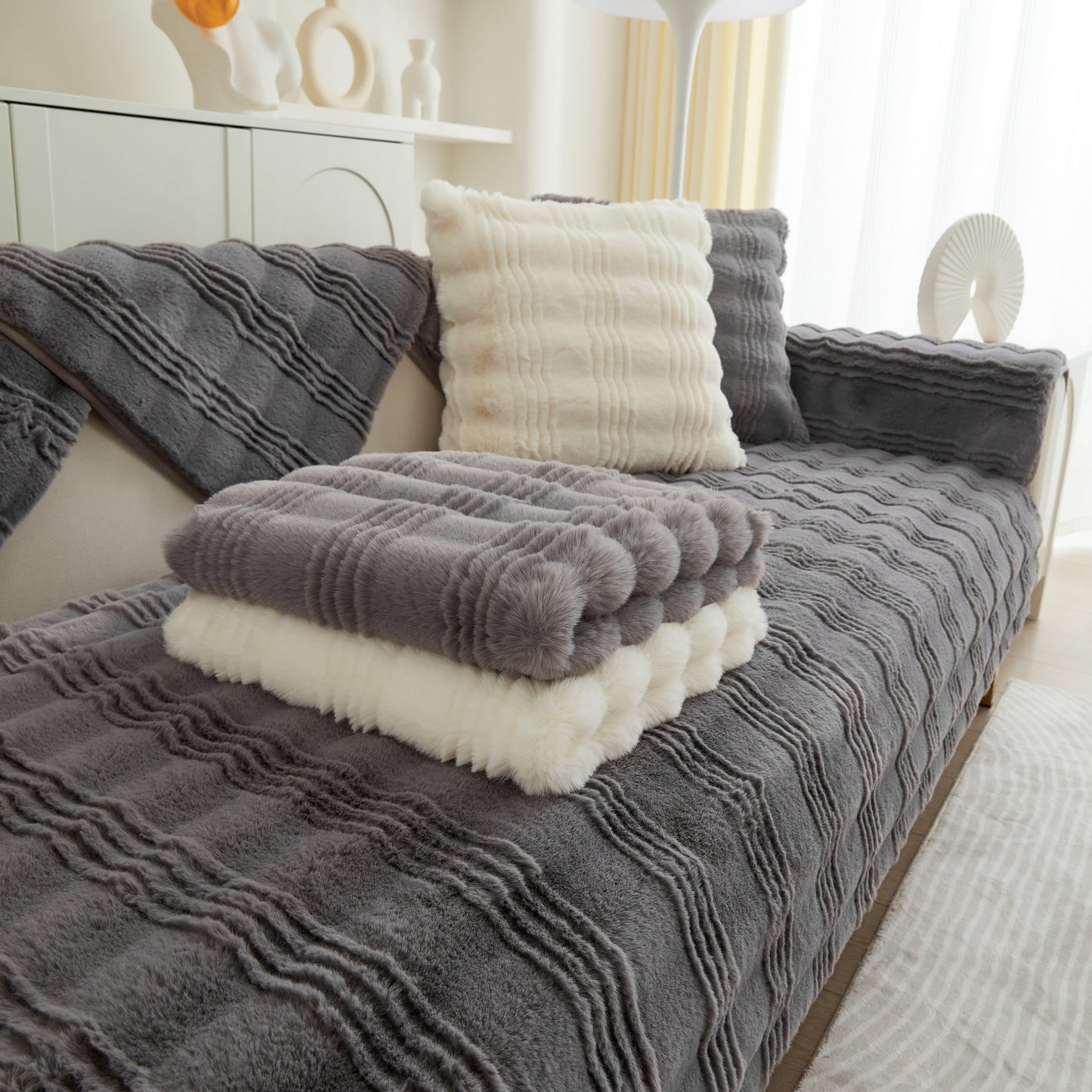 Soft Thick Faux Fur Sofa Cover Stripe Fluffy Fuzzy Non-Slip Washable Couch Covers in living room setting