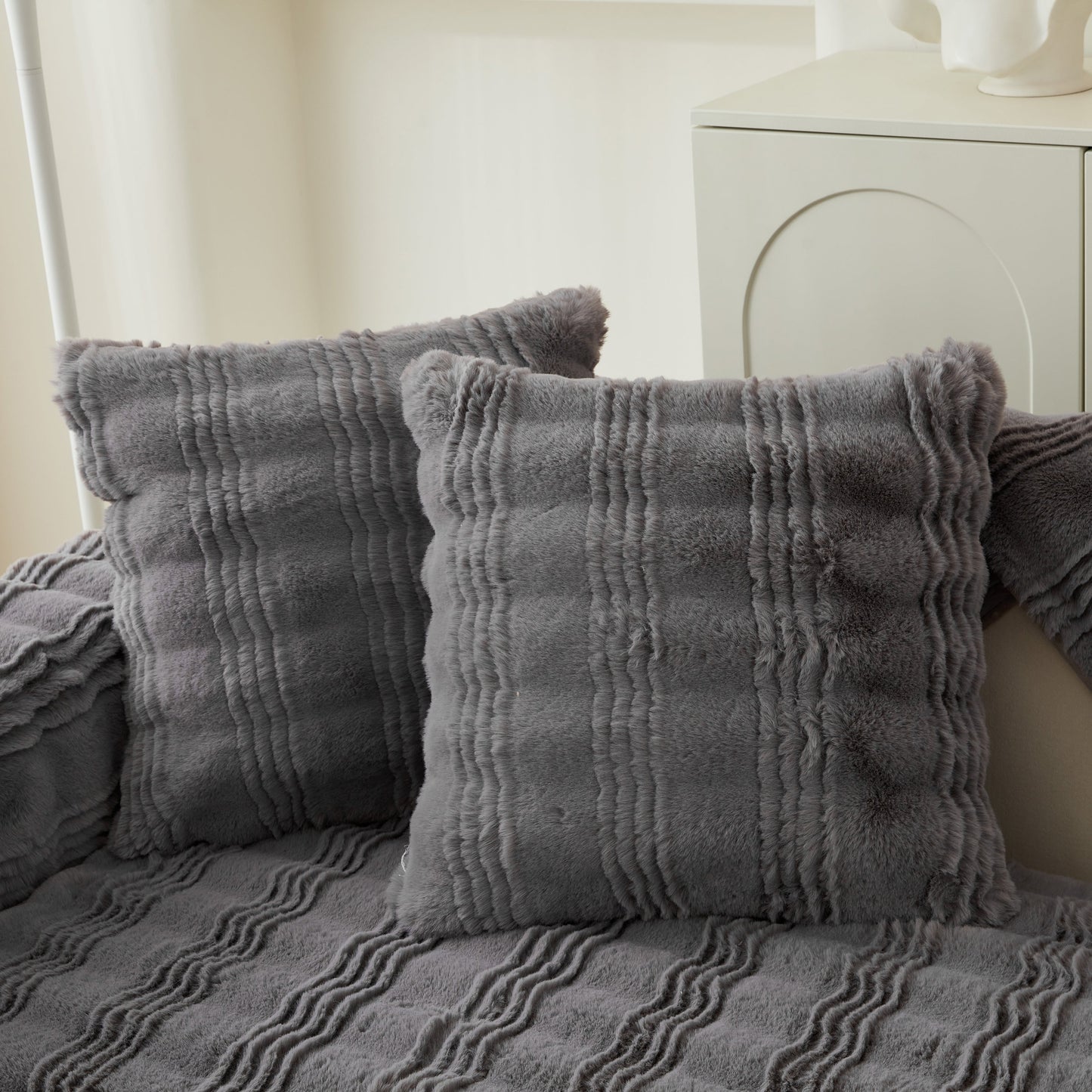 Soft Thick Faux Fur Sofa Cover Stripe Fluffy Fuzzy Non-Slip Washable Couch Covers in stylish gray with matching cushions