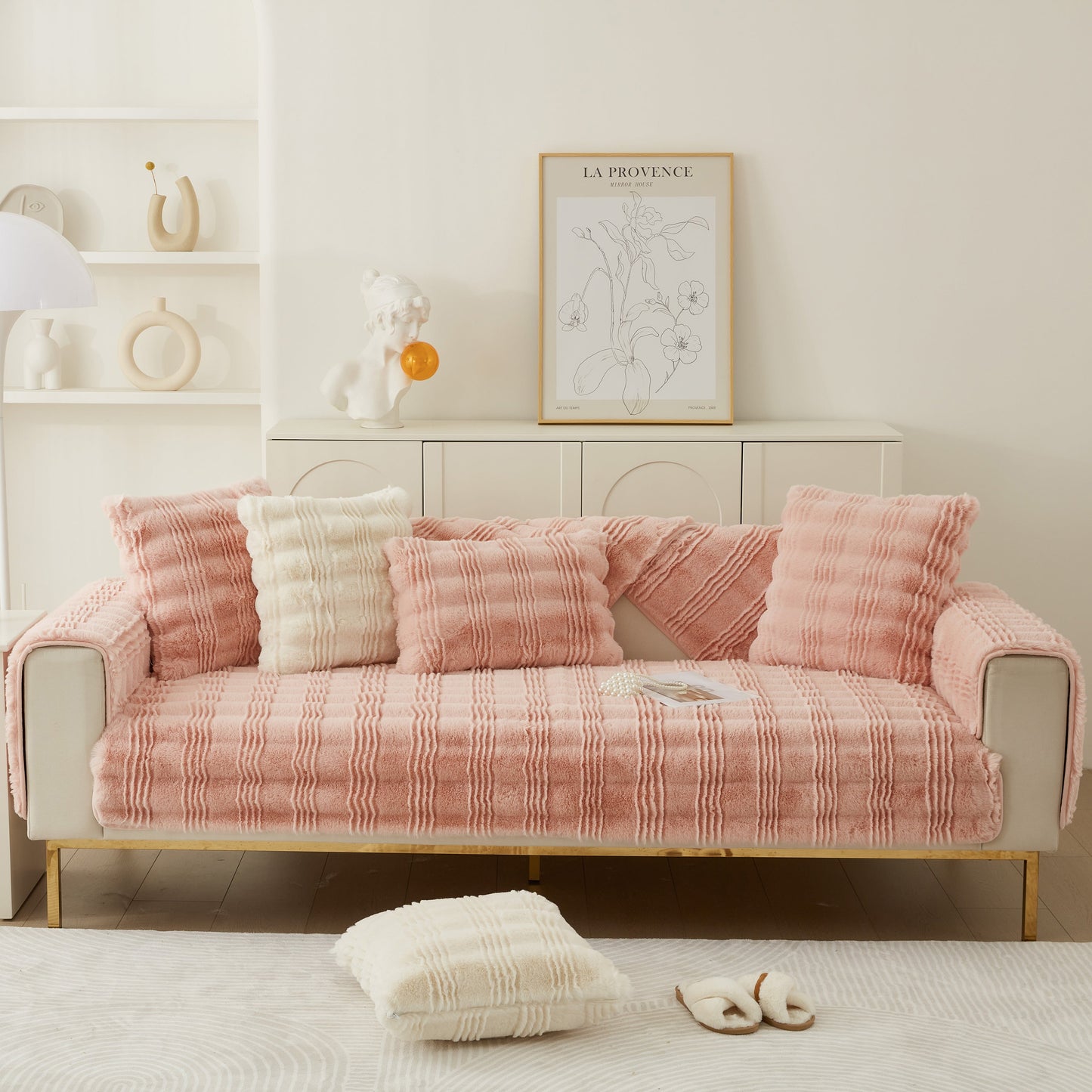 Soft Thick Faux Fur Sofa Cover Stripe Fluffy Fuzzy Non-Slip Washable Couch Covers in a stylish living room setting.