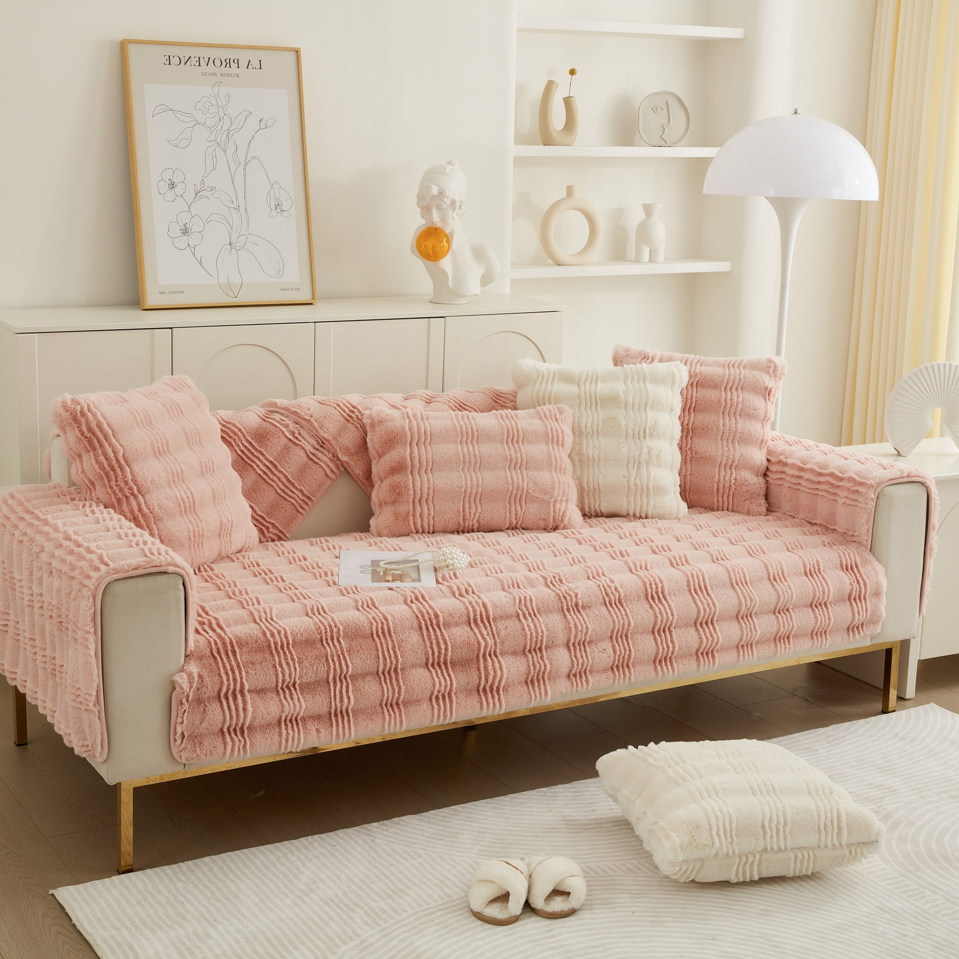 Soft Thick Faux Fur Sofa Cover Stripe Fluffy Fuzzy Non-Slip Washable Couch Covers on stylish modern couch.
