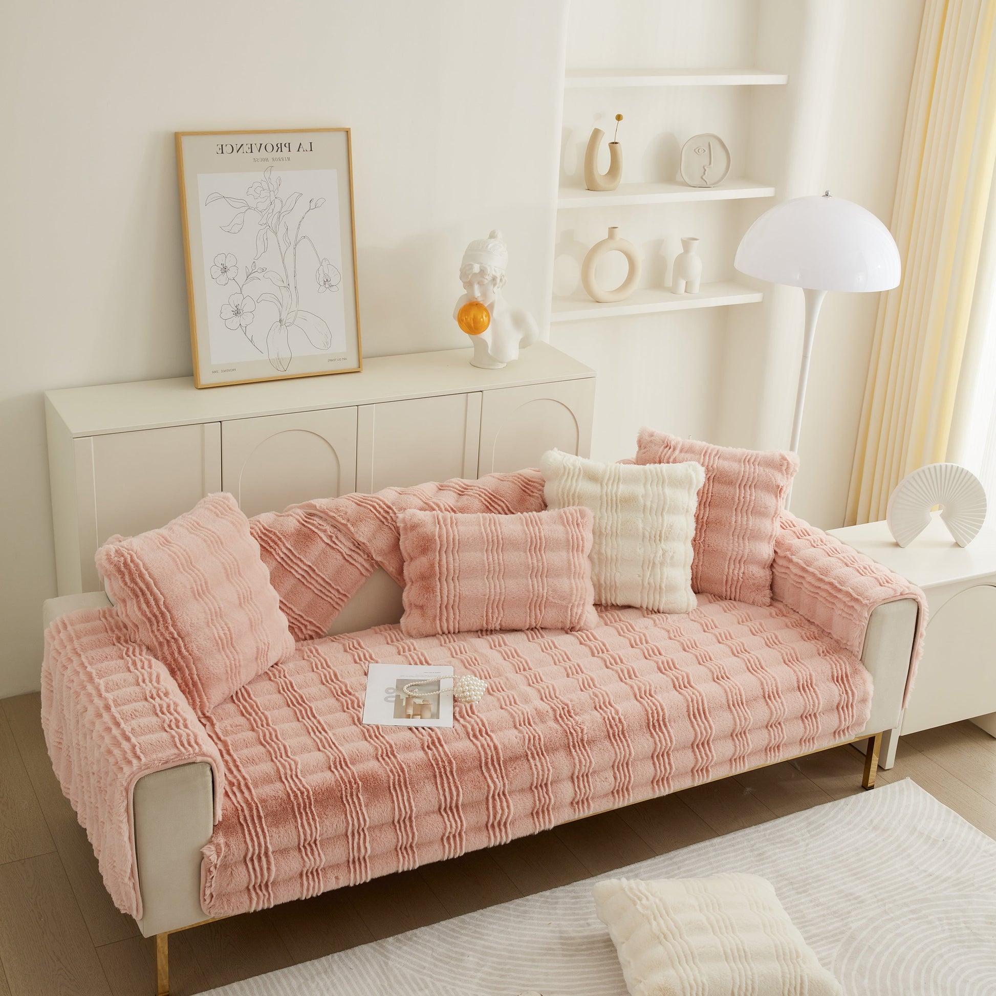 Soft Thick Faux Fur Sofa Cover Stripe Fluffy Fuzzy Non-Slip Washable Couch Covers on stylish living room couch