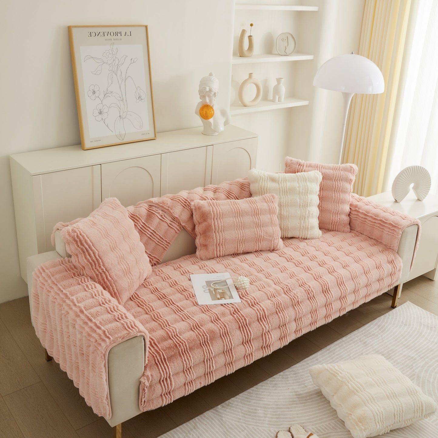Soft Thick Faux Fur Sofa Cover Stripe Fluffy Fuzzy Non-Slip Washable Couch Covers on stylish living room sofa