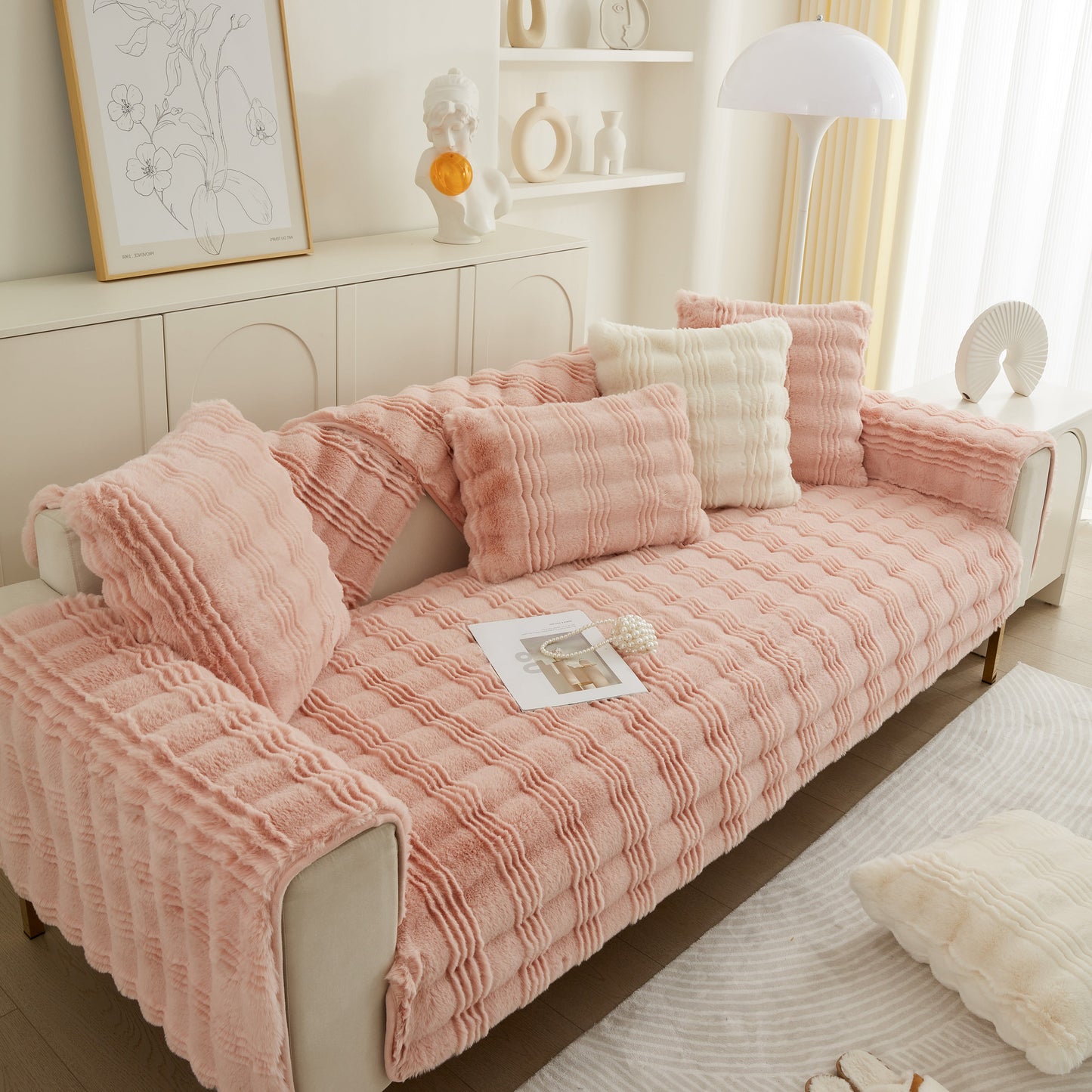 Soft Thick Faux Fur Sofa Cover Stripe Fluffy Fuzzy Non-Slip Washable Couch Covers in stylish living room setting