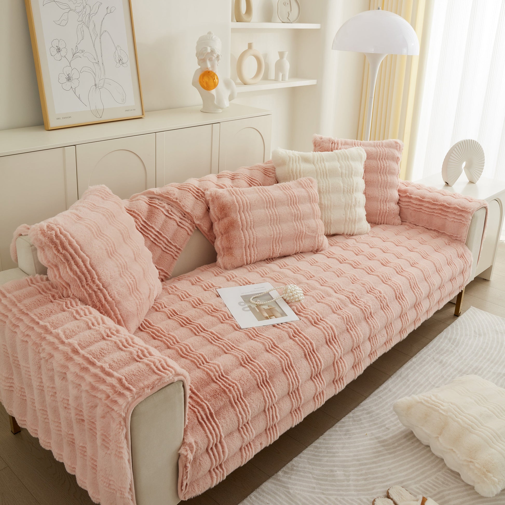 Soft Thick Faux Fur Sofa Cover Stripe Fluffy Fuzzy Non-Slip Washable Couch Covers in stylish living room setting