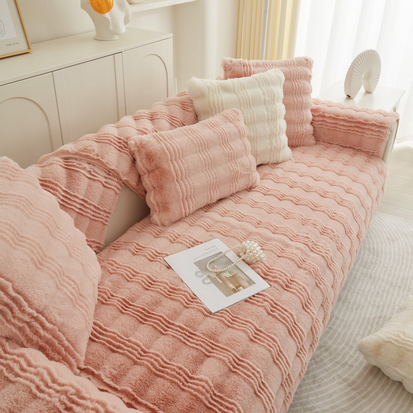 Soft Thick Faux Fur Sofa Cover Stripe Fluffy Fuzzy Non-Slip Washable Couch Covers in a stylish living room setting.