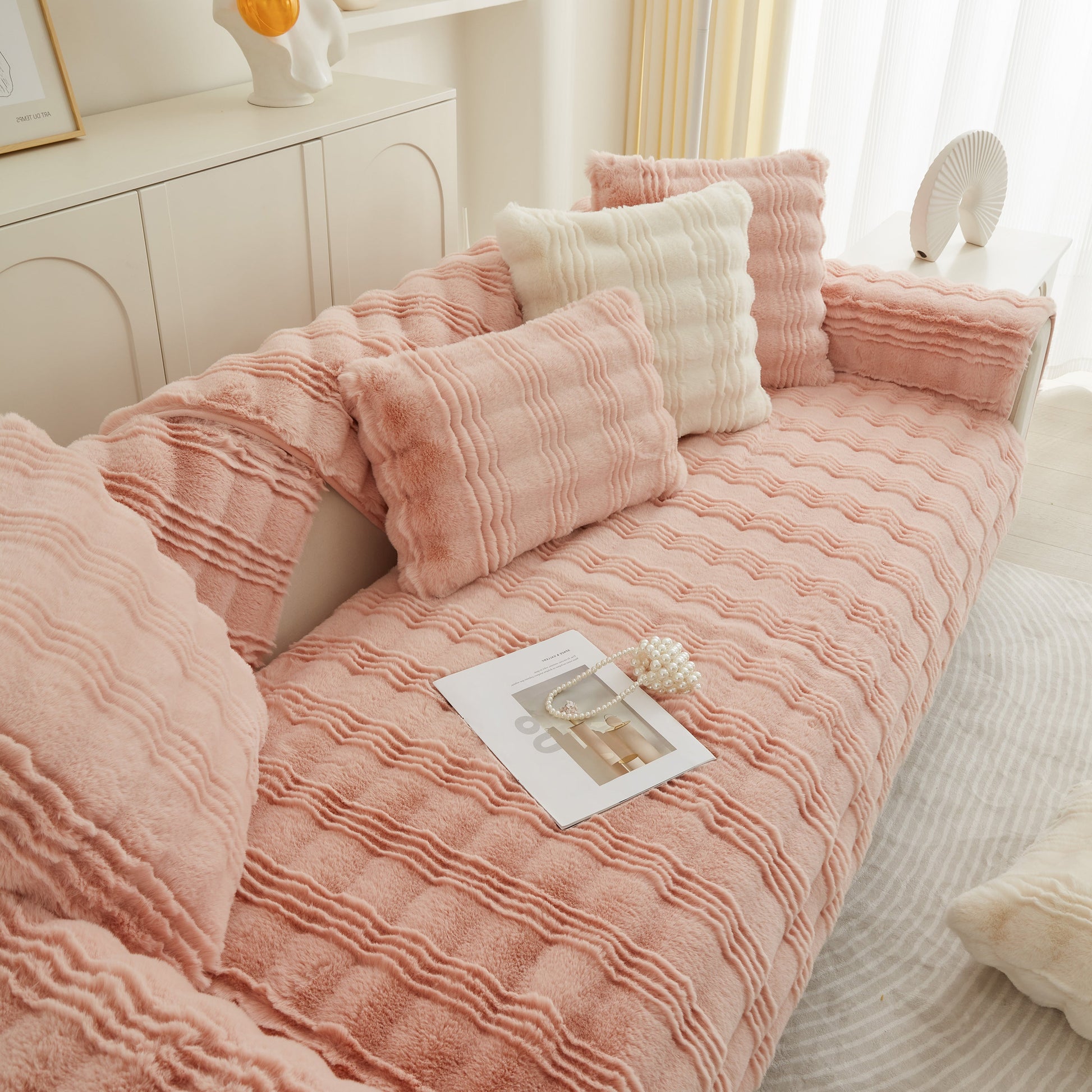 Soft Thick Faux Fur Sofa Cover Stripe Fluffy Fuzzy Non-Slip Washable Couch Covers in a stylish living room setting.