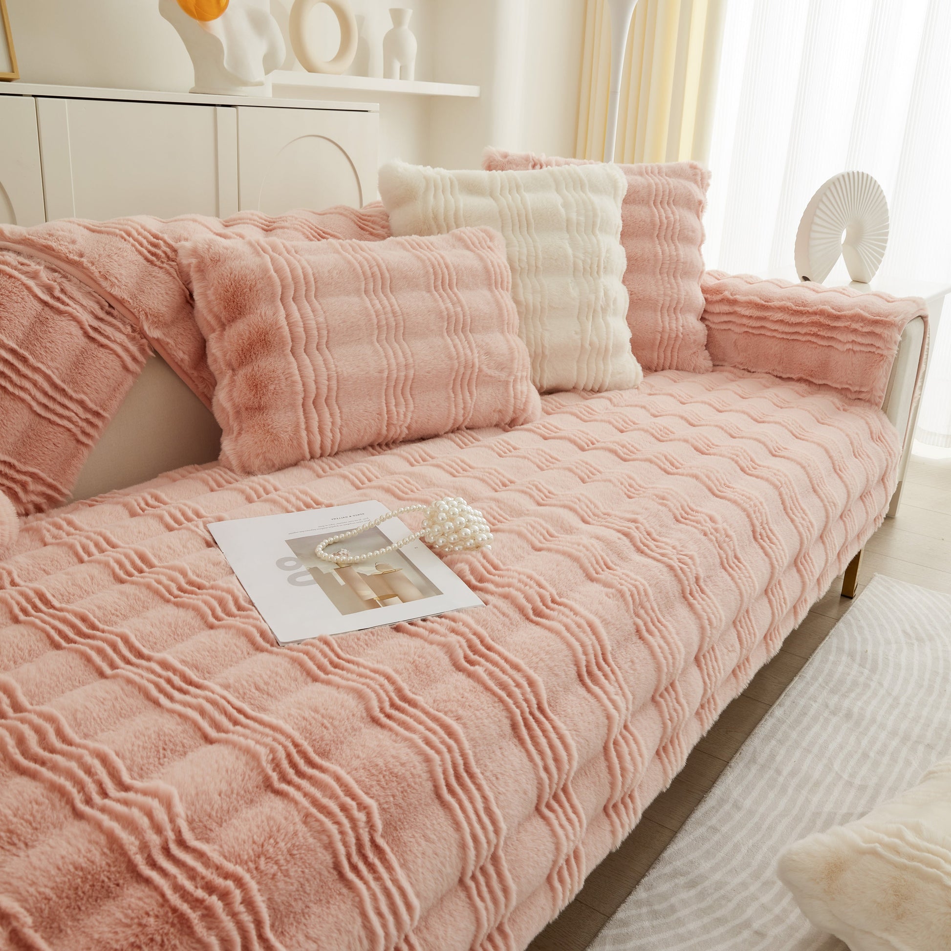 Soft Thick Faux Fur Sofa Cover Stripe Fluffy Fuzzy Non-Slip Washable Couch Covers in living room setting