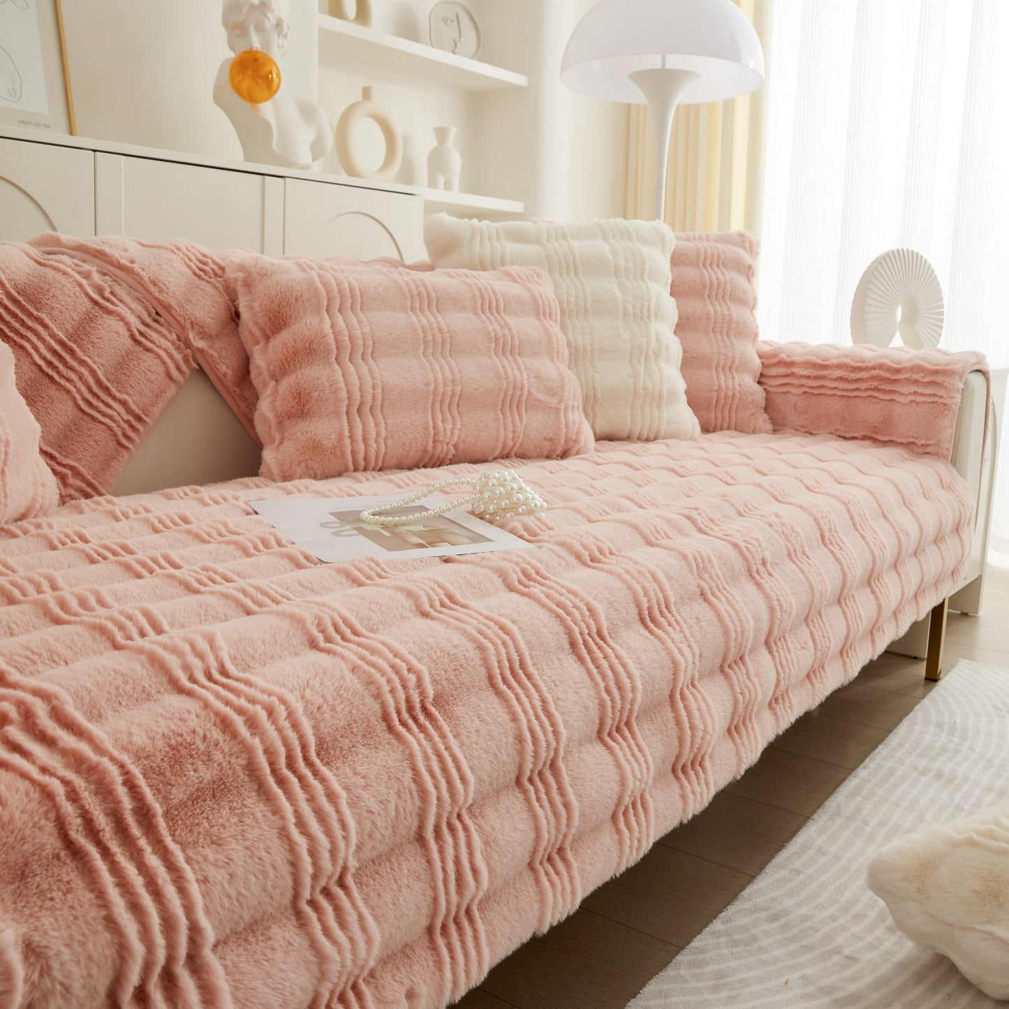 Soft Thick Faux Fur Sofa Cover Stripe Fluffy Fuzzy Non-Slip Washable Couch Covers on a stylish living room setup