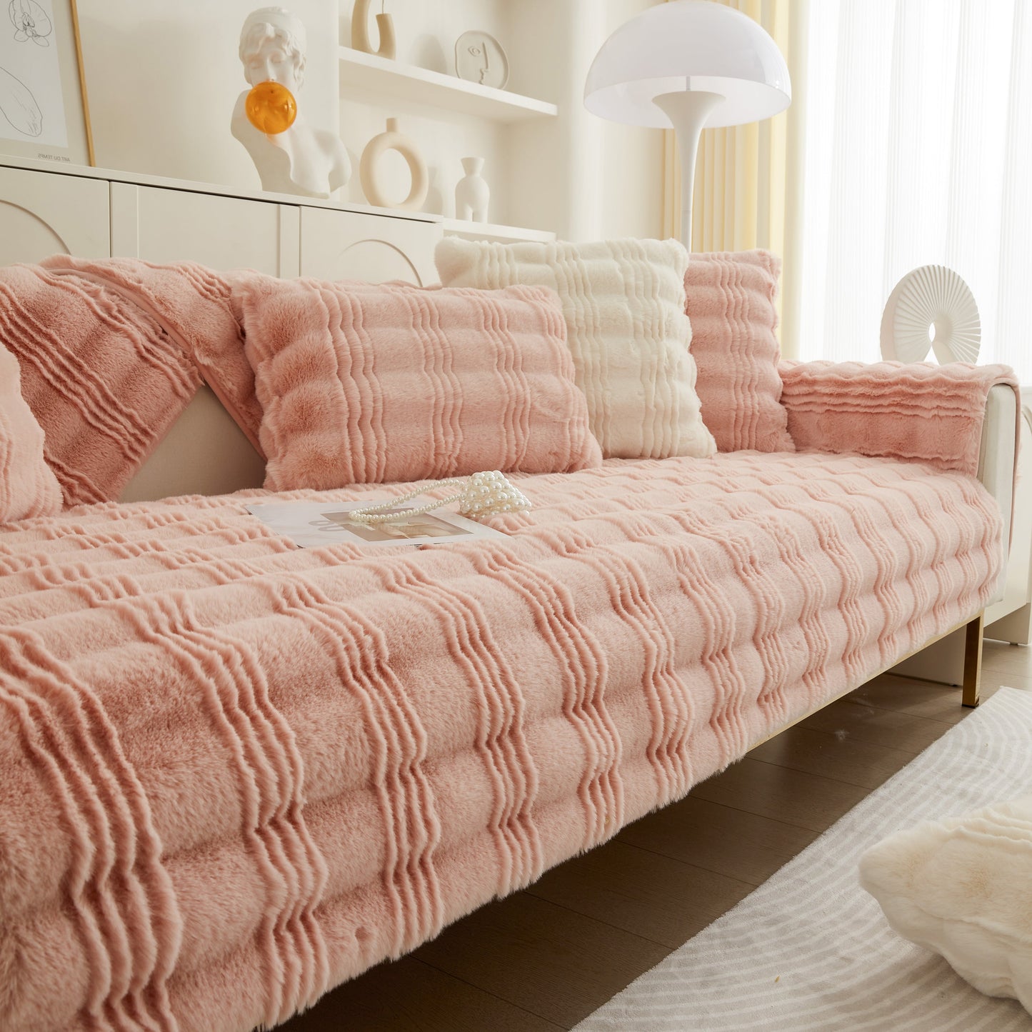 Soft Thick Faux Fur Sofa Cover Stripe Fluffy Fuzzy Non-Slip Washable Couch Covers in a stylish living room setting.