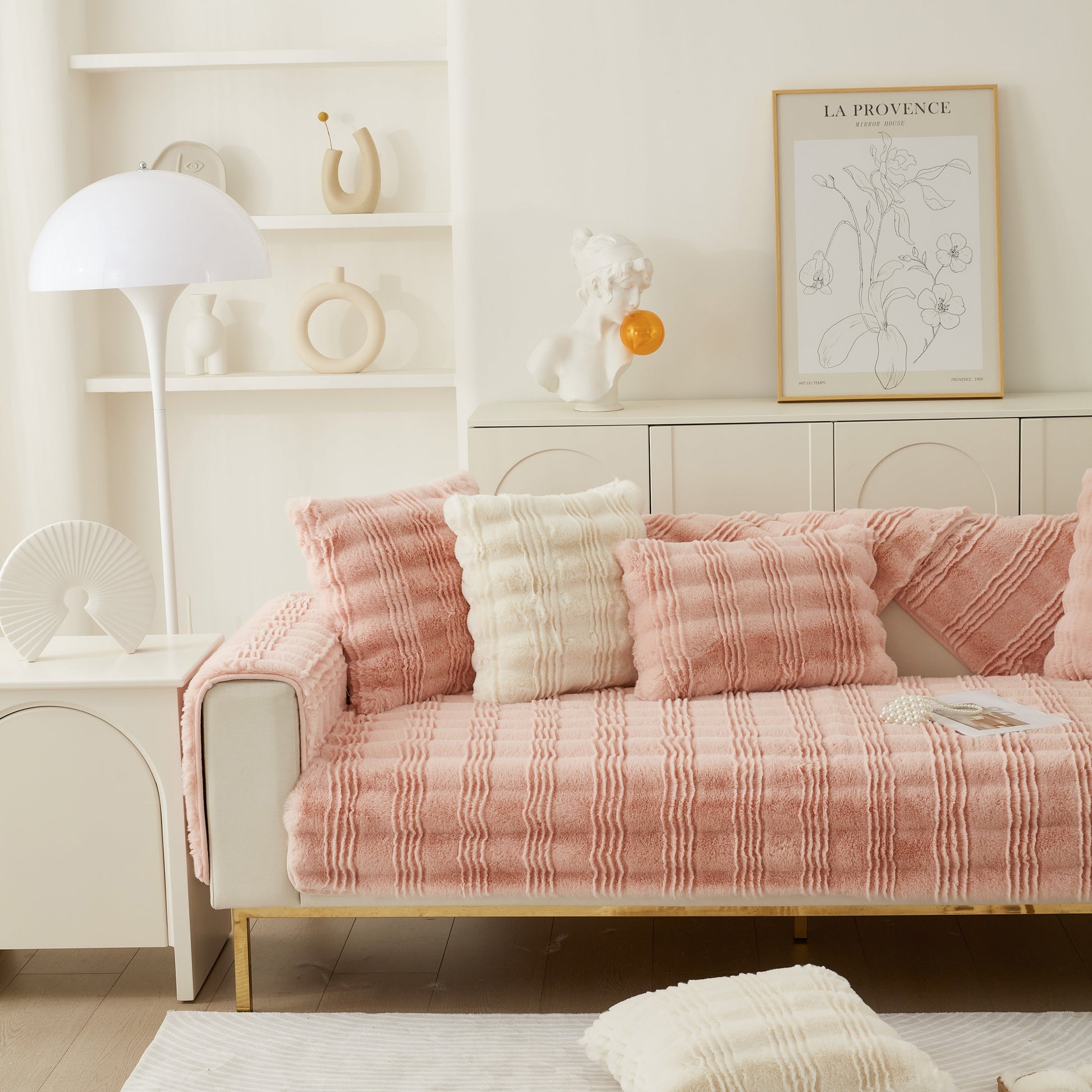Soft Thick Faux Fur Sofa Cover Stripe Fluffy Fuzzy Non-Slip Washable Couch Covers in a modern living room