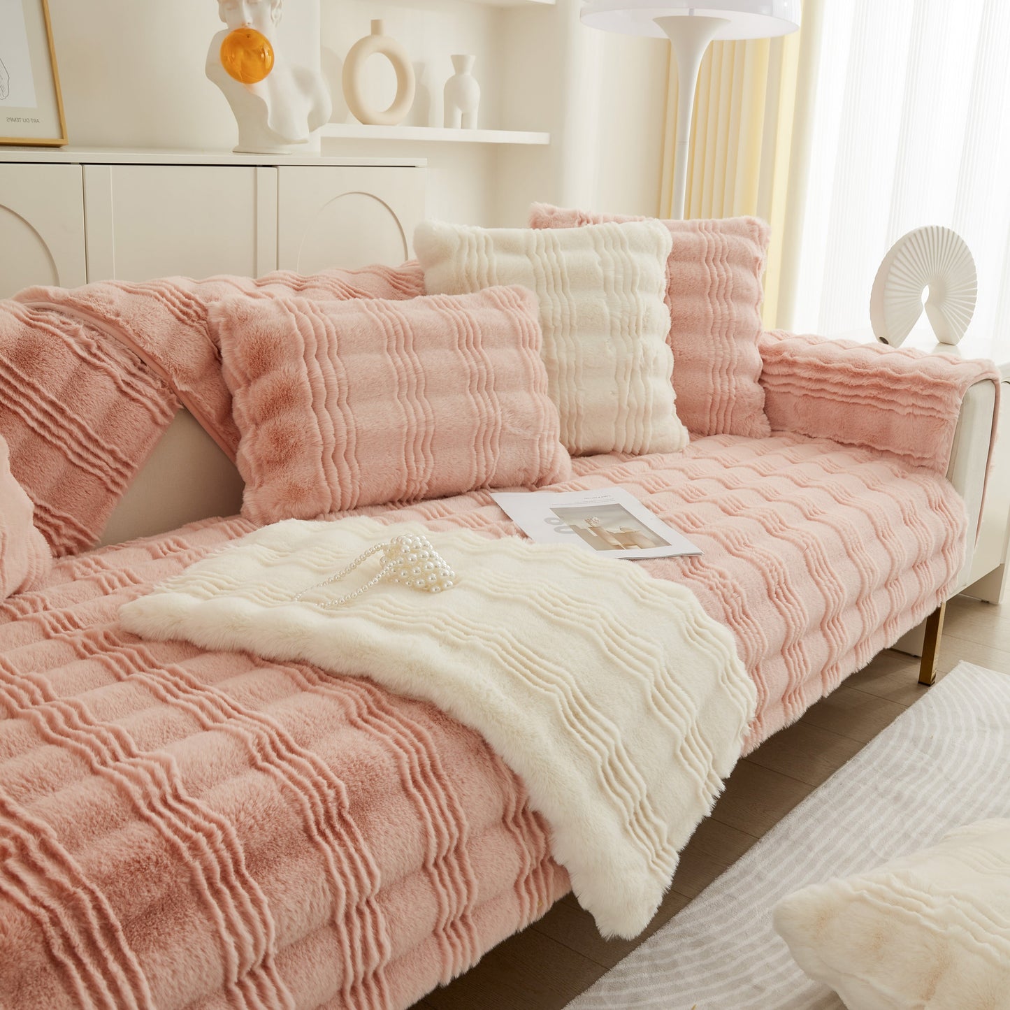 Soft Thick Faux Fur Sofa Cover Stripe Fluffy Fuzzy Non-Slip Washable Couch Covers enhancing a stylish living room decor