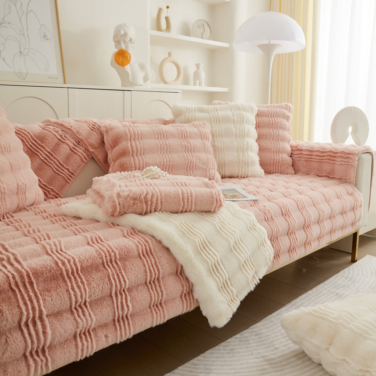 Soft Thick Faux Fur Sofa Cover Stripe Fluffy Fuzzy Non-Slip Washable Couch Covers on pink sofa
