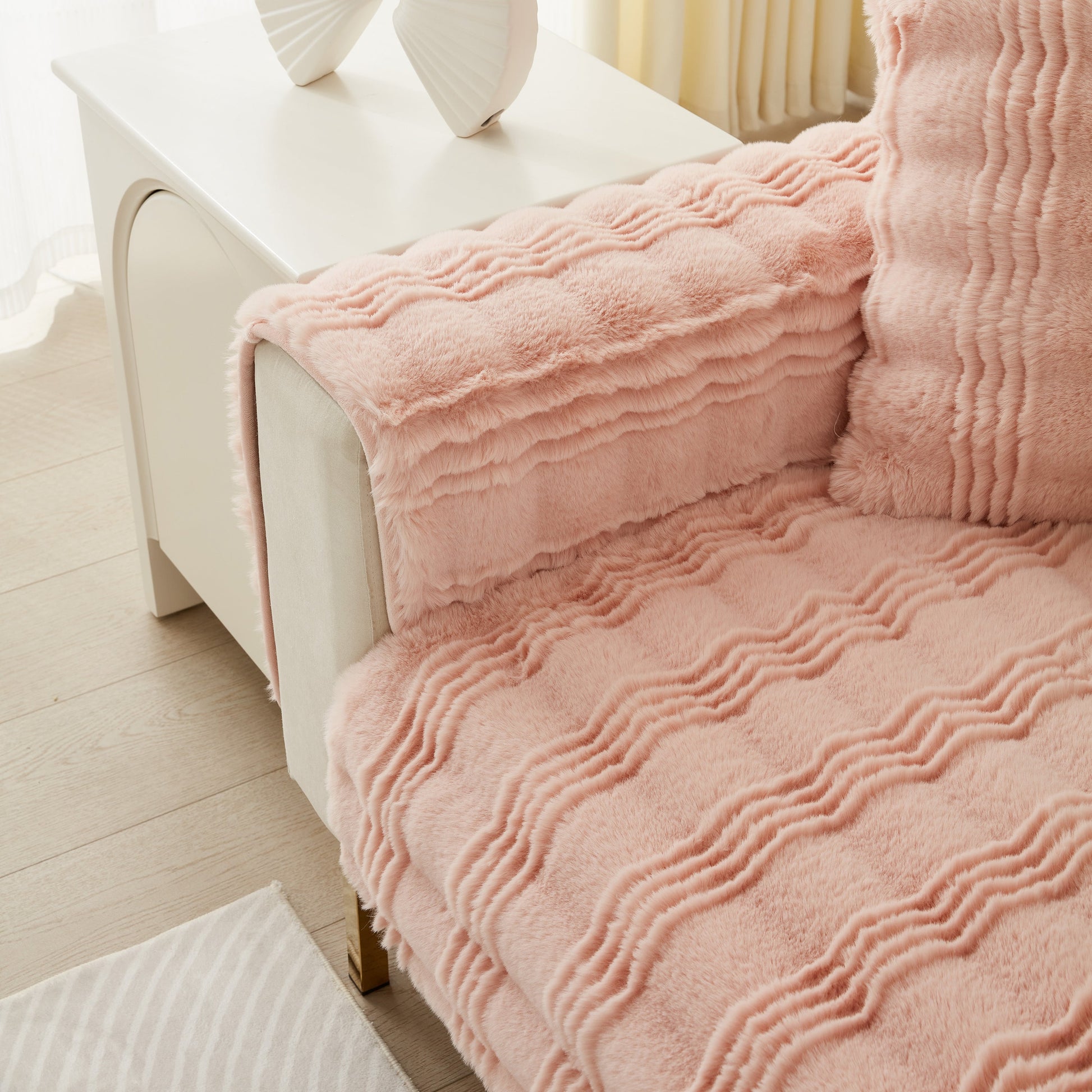 Soft Thick Faux Fur Sofa Cover Stripe Fluffy Fuzzy Non-Slip Washable Couch Covers displayed on a couch