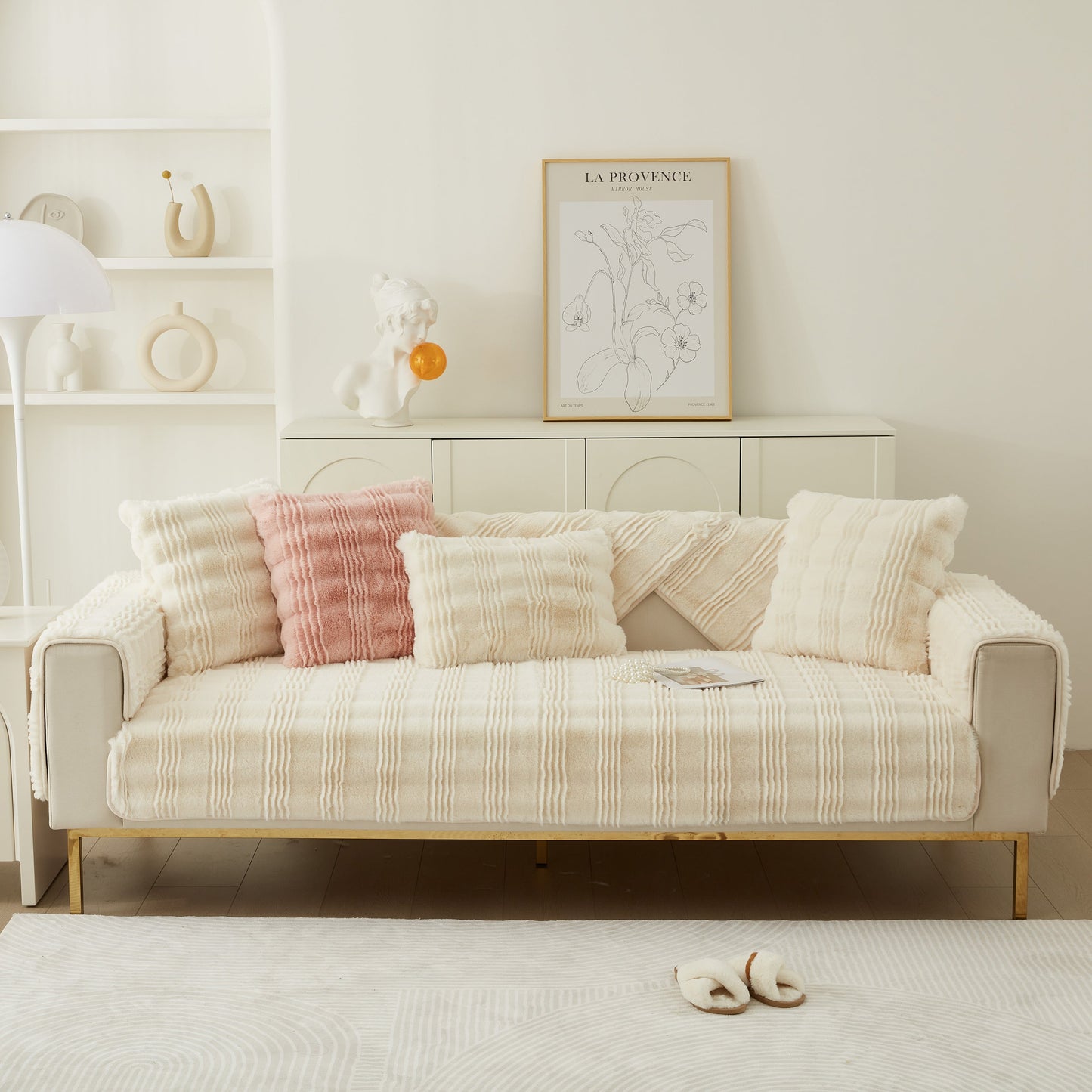 Soft Thick Faux Fur Sofa Cover Stripe Fluffy Fuzzy Non-Slip Washable Couch Covers on elegant living room sofa