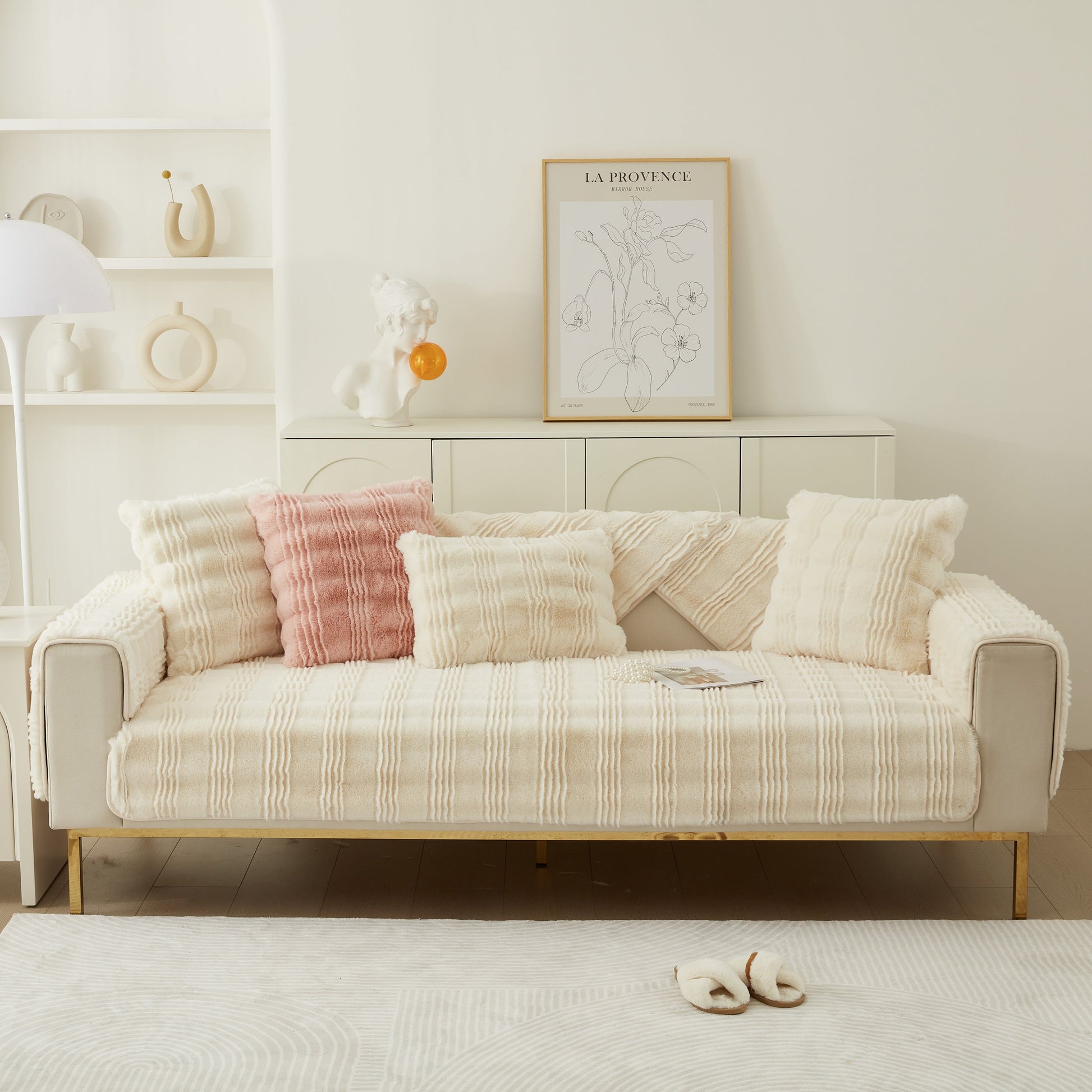 Soft Thick Faux Fur Sofa Cover Stripe Fluffy Fuzzy Non-Slip Washable Couch Covers on elegant living room sofa