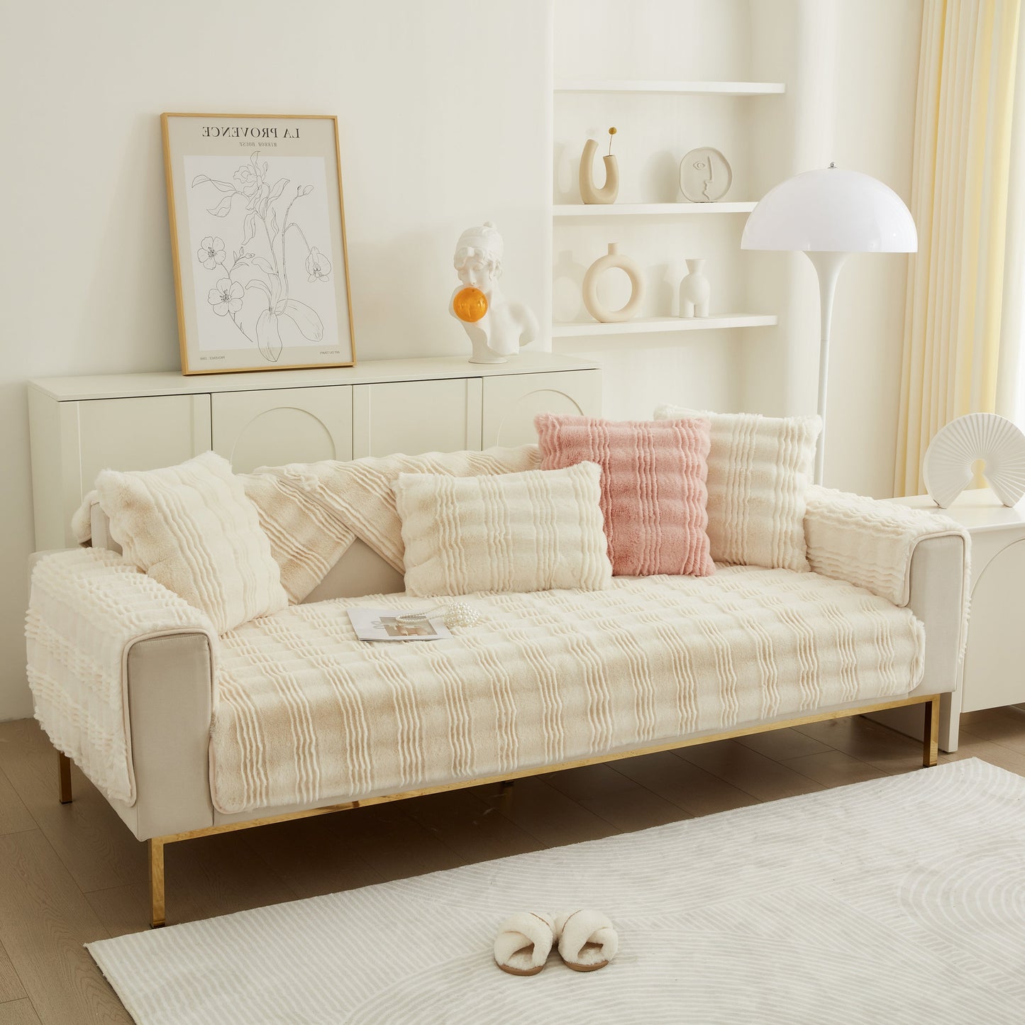 Soft Thick Faux Fur Sofa Cover Stripe Fluffy Fuzzy Non-Slip Washable Couch Covers on a modern sofa in stylish living room.
