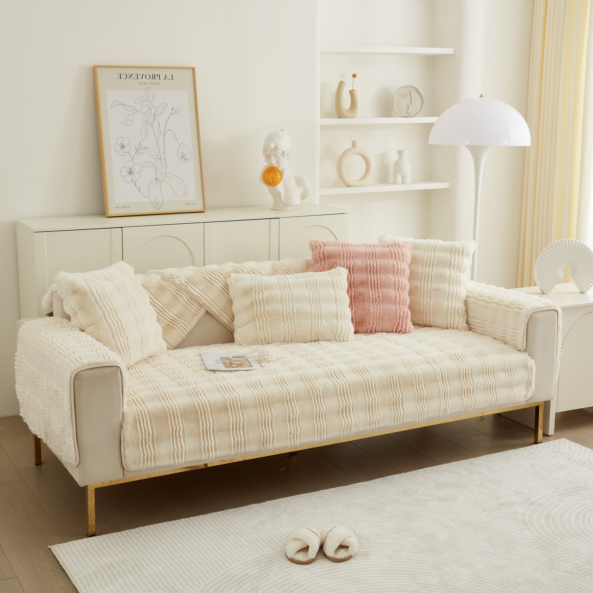 Soft Thick Faux Fur Sofa Cover Stripe Fluffy Fuzzy Non-Slip Washable Couch Covers on a modern sofa in stylish living room.