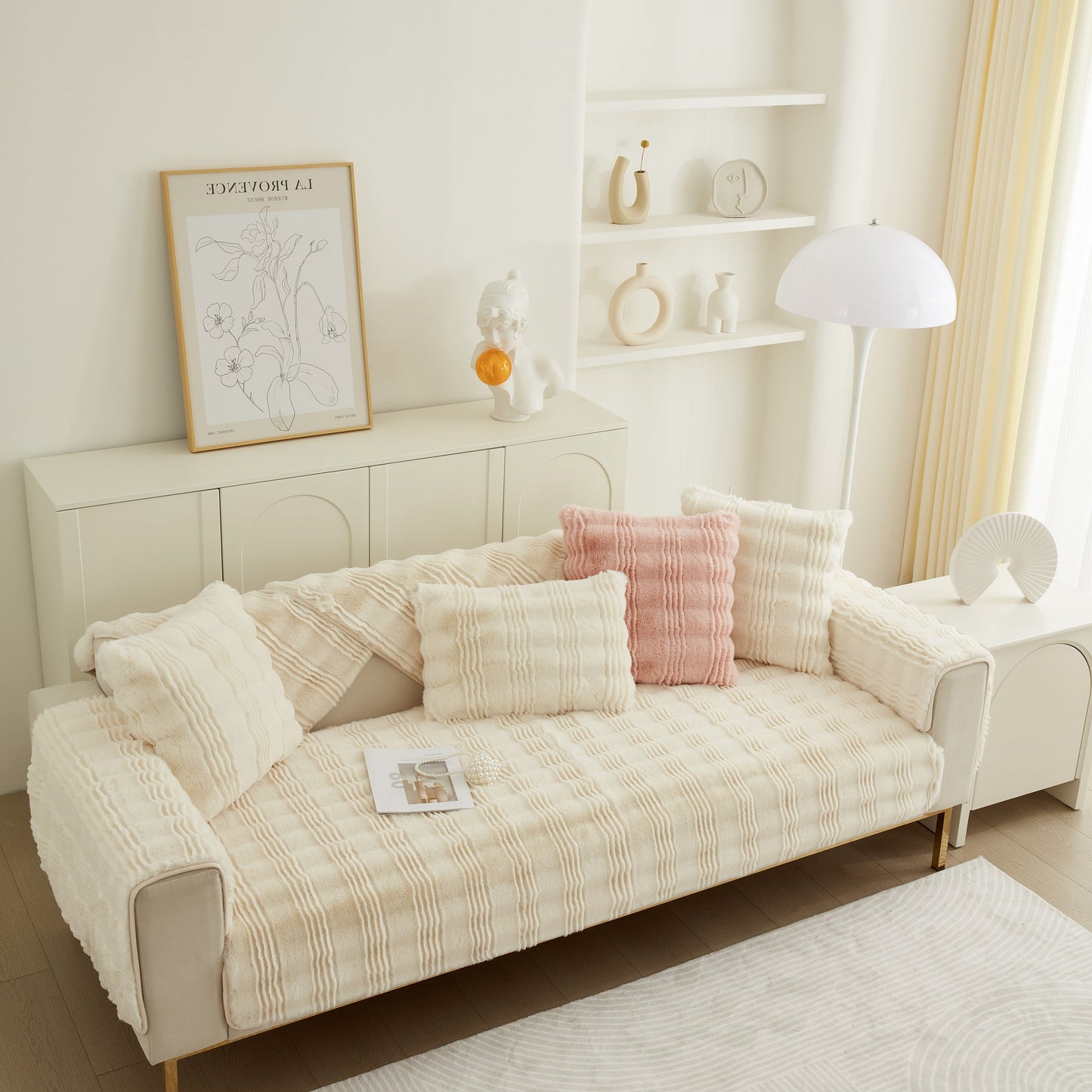 Soft Thick Faux Fur Sofa Cover Stripe Fluffy Fuzzy Non-Slip Washable Couch Covers on stylish living room couch.