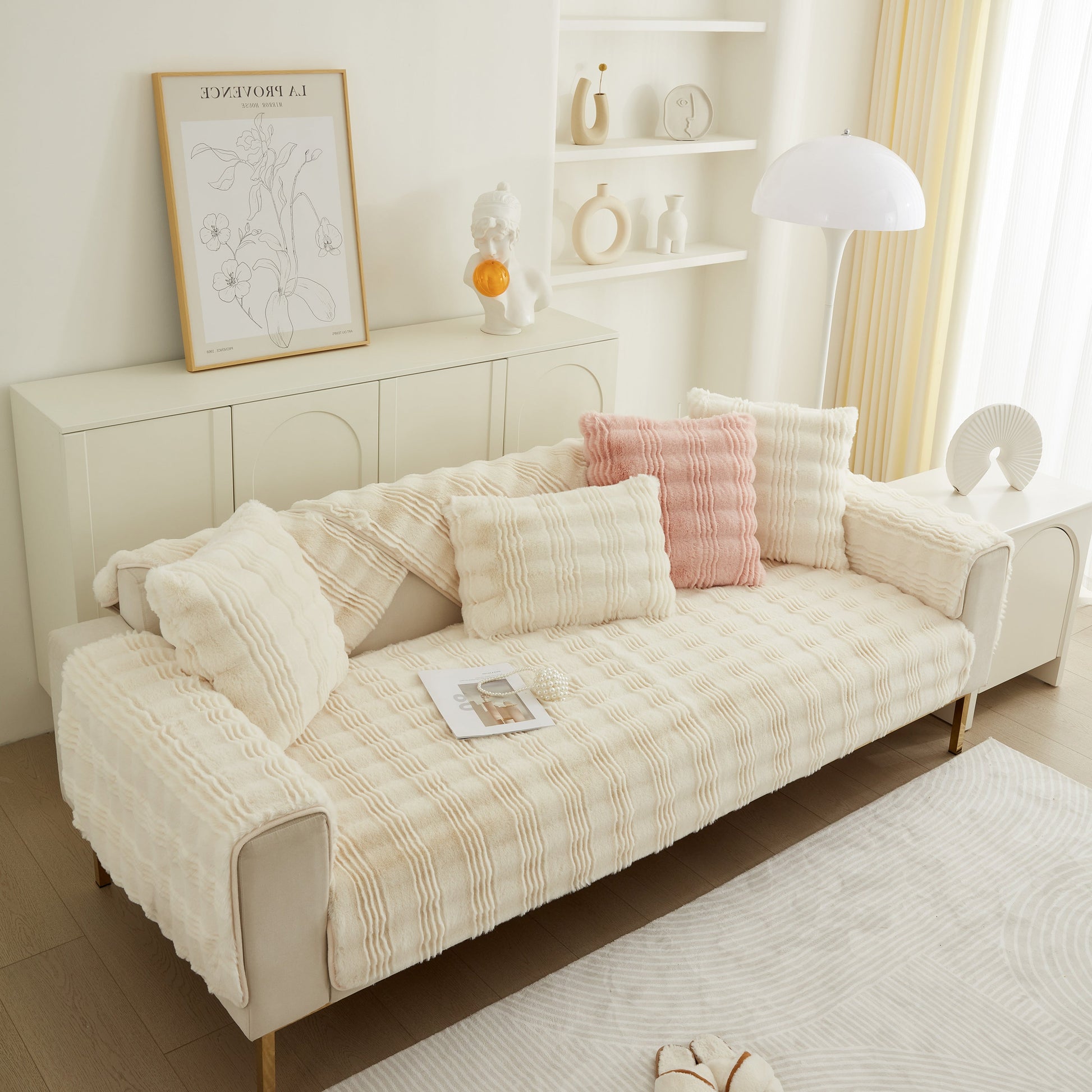 Living room with Soft Thick Faux Fur Sofa Cover Stripe Fluffy Fuzzy Non-Slip Washable Couch Covers in stylish design