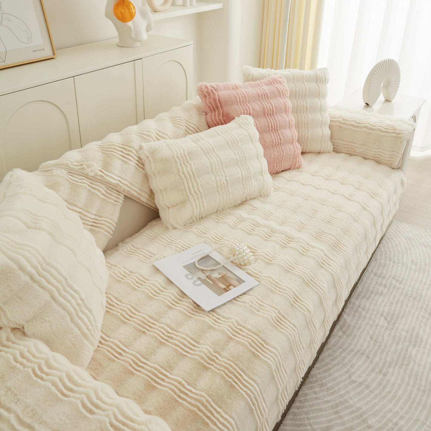 Soft Thick Faux Fur Sofa Cover Stripe Fluffy Fuzzy Non-Slip Washable Couch Covers for stylish living room decor