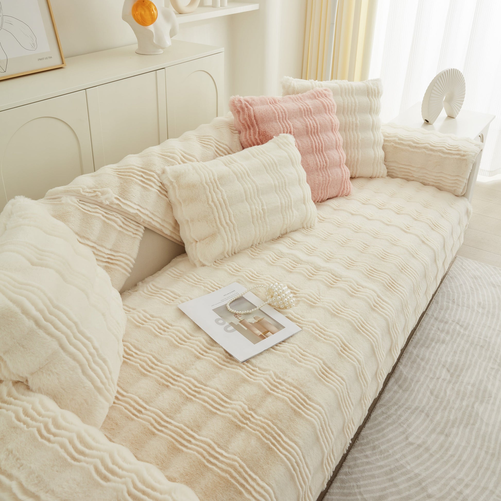 Soft Thick Faux Fur Sofa Cover Stripe Fluffy Fuzzy Non-Slip Washable Couch Covers for stylish living room decor
