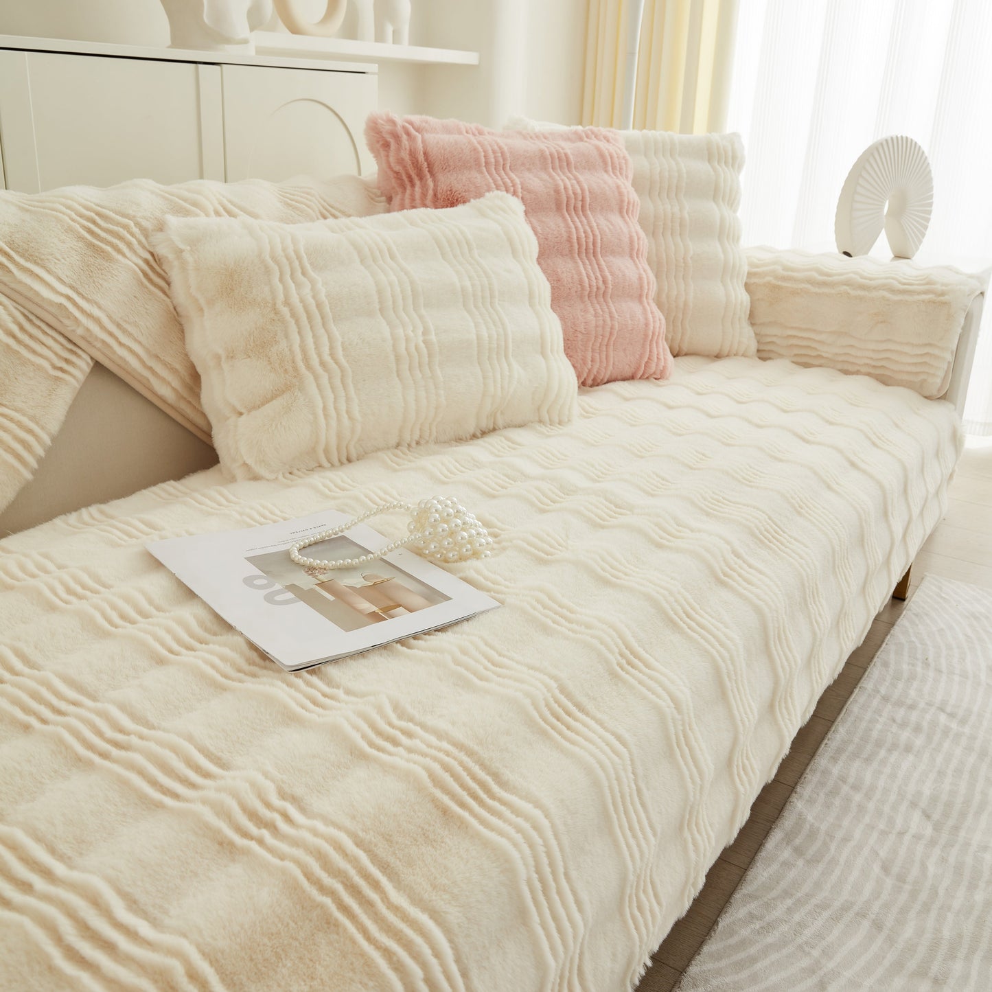Soft Thick Faux Fur Sofa Cover Stripe Fluffy Fuzzy Non-Slip Washable Couch Covers on a stylish living room sofa