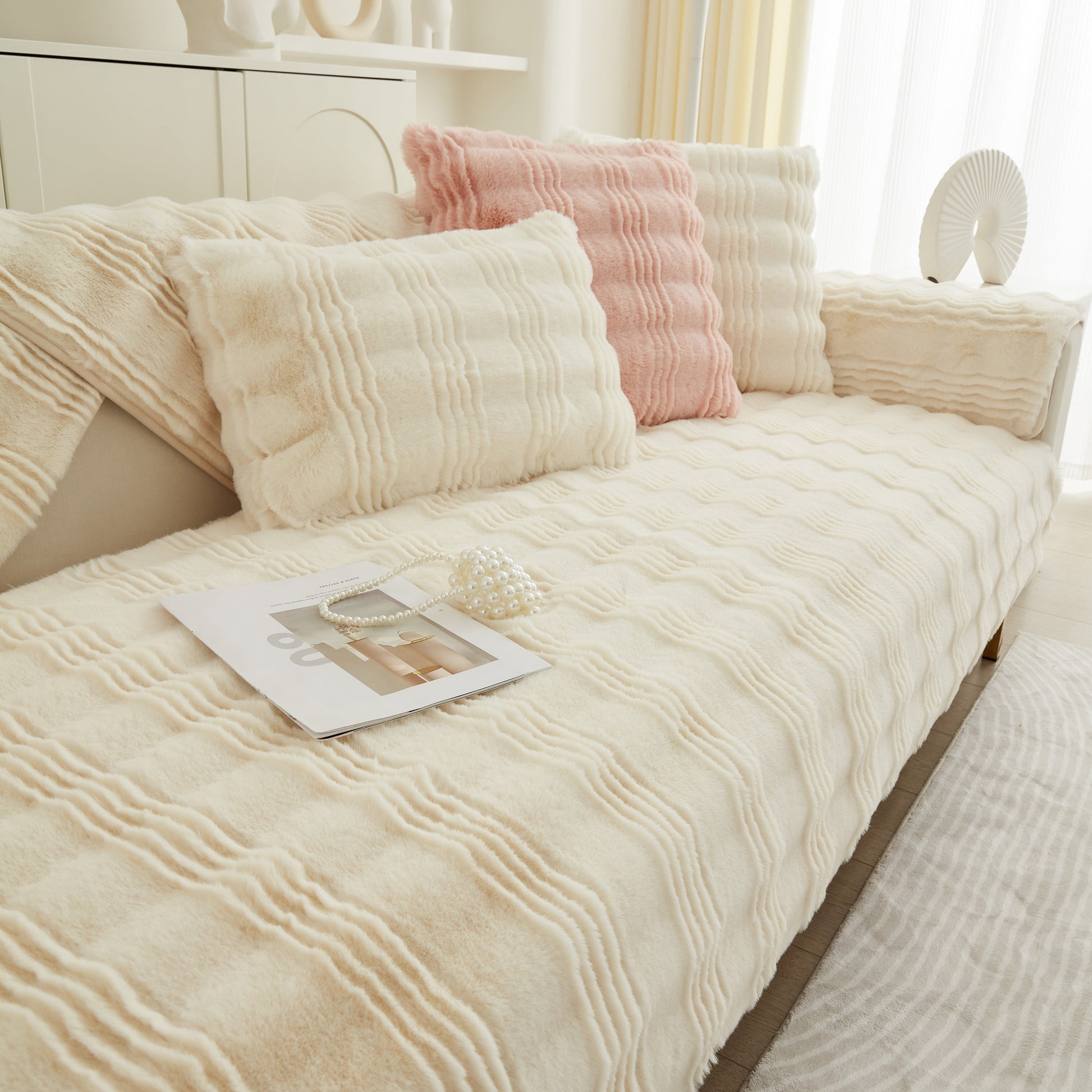 Soft Thick Faux Fur Sofa Cover Stripe Fluffy Fuzzy Non-Slip Washable Couch Covers on a stylish living room sofa