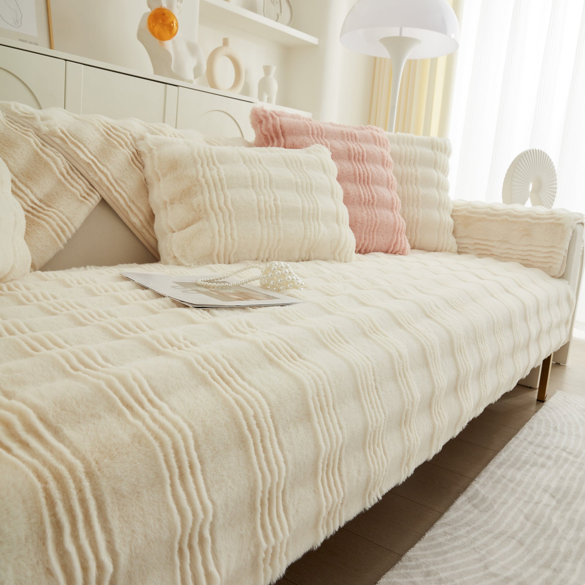 Soft Thick Faux Fur Sofa Cover Stripe Fluffy Fuzzy Non-Slip Washable Couch Covers on sofa in cozy living room setting