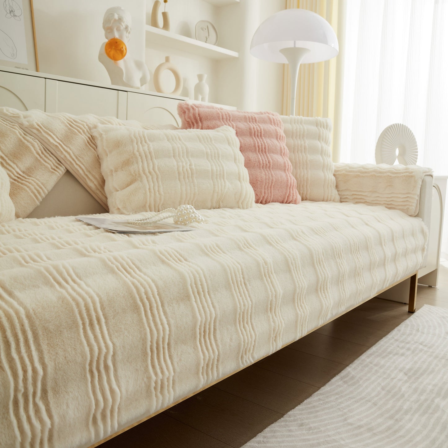 Soft Thick Faux Fur Sofa Cover Stripe Fluffy Fuzzy Non-Slip Washable Couch Covers on beige modern sofa