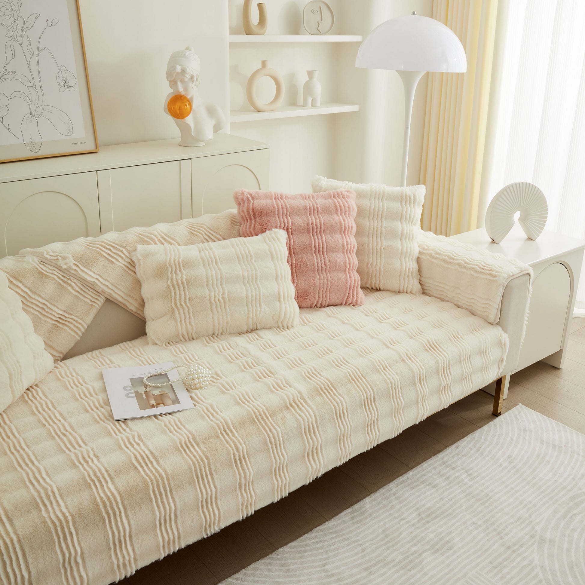 Soft Thick Faux Fur Sofa Cover Stripe Fluffy Fuzzy Non-Slip Washable Couch Covers on a modern living room sofa