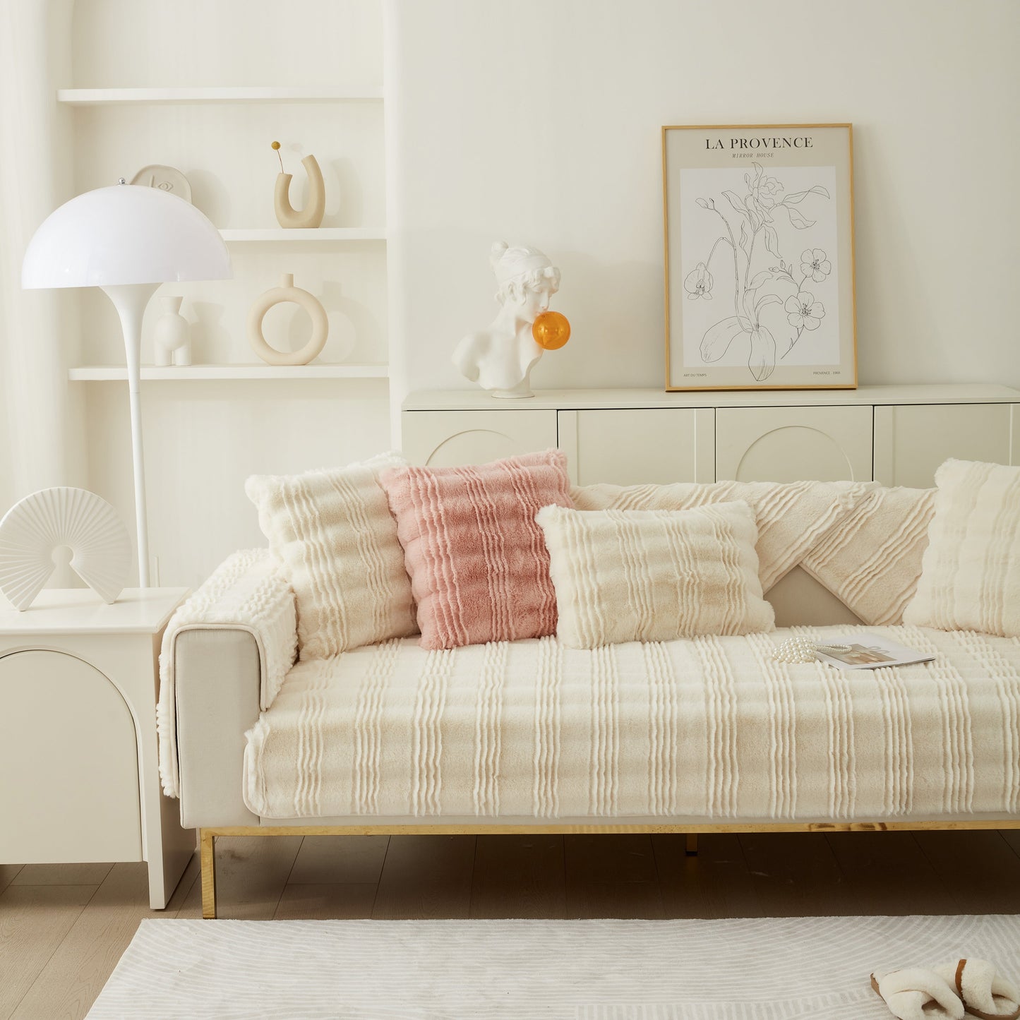 Sofa with Soft Thick Faux Fur Sofa Cover Stripe Fluffy Fuzzy Non-Slip Washable Couch Covers in stylish living room.