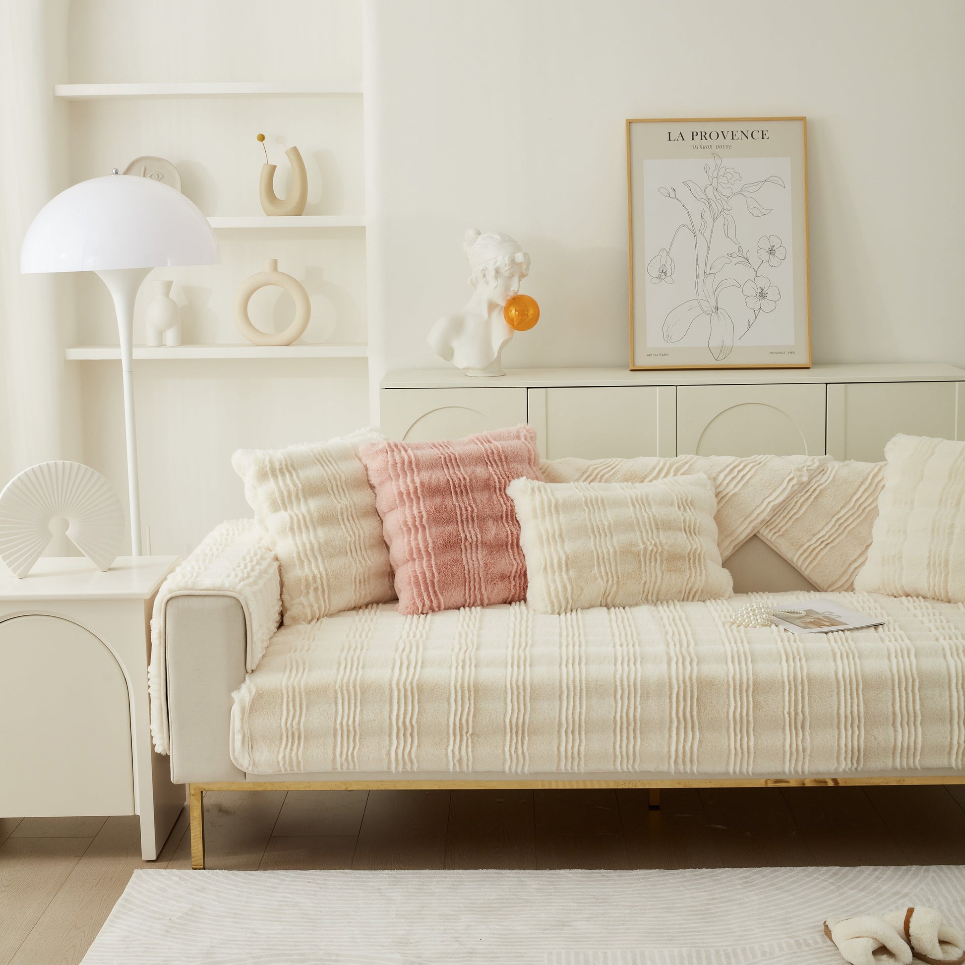 Sofa with Soft Thick Faux Fur Sofa Cover Stripe Fluffy Fuzzy Non-Slip Washable Couch Covers in stylish living room.