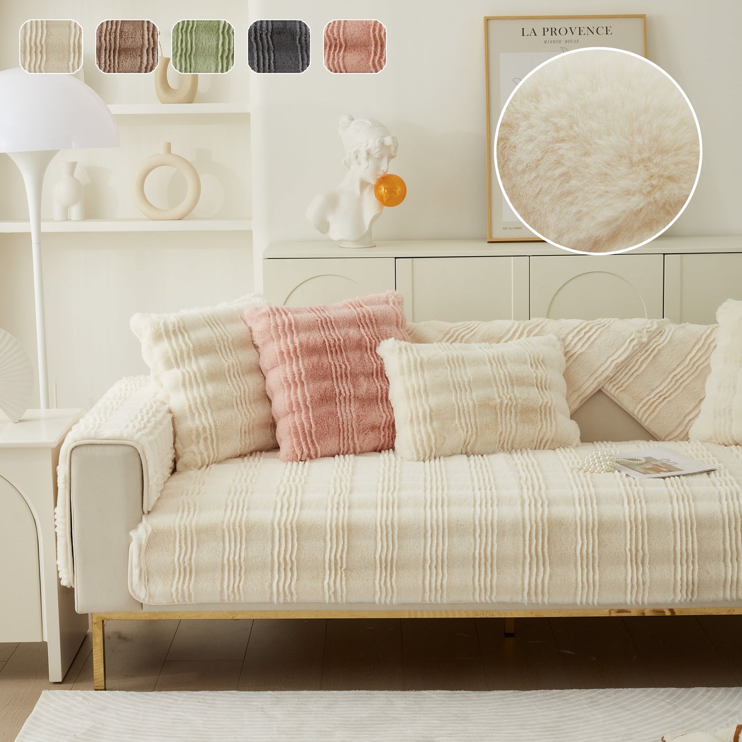 Soft Thick Faux Fur Sofa Cover Stripe Fluffy Fuzzy Non-Slip Washable Couch Covers on stylish living room couch.