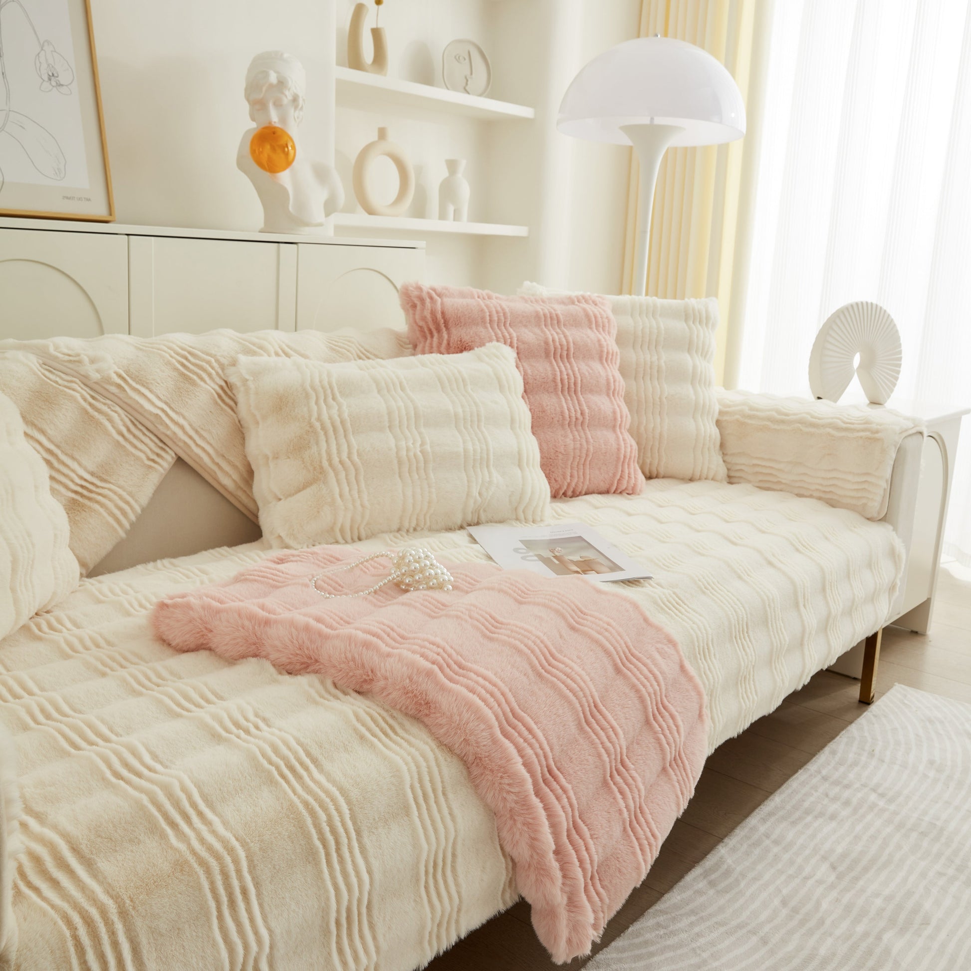 Soft Thick Faux Fur Sofa Cover Stripe Fluffy Fuzzy Non-Slip Washable Couch Covers in a cozy living room setting