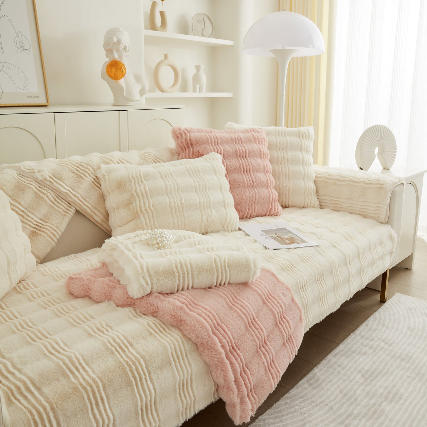 Soft Thick Faux Fur Sofa Cover Stripe Fluffy Fuzzy Non-Slip Washable Couch Covers in a stylish living room setting