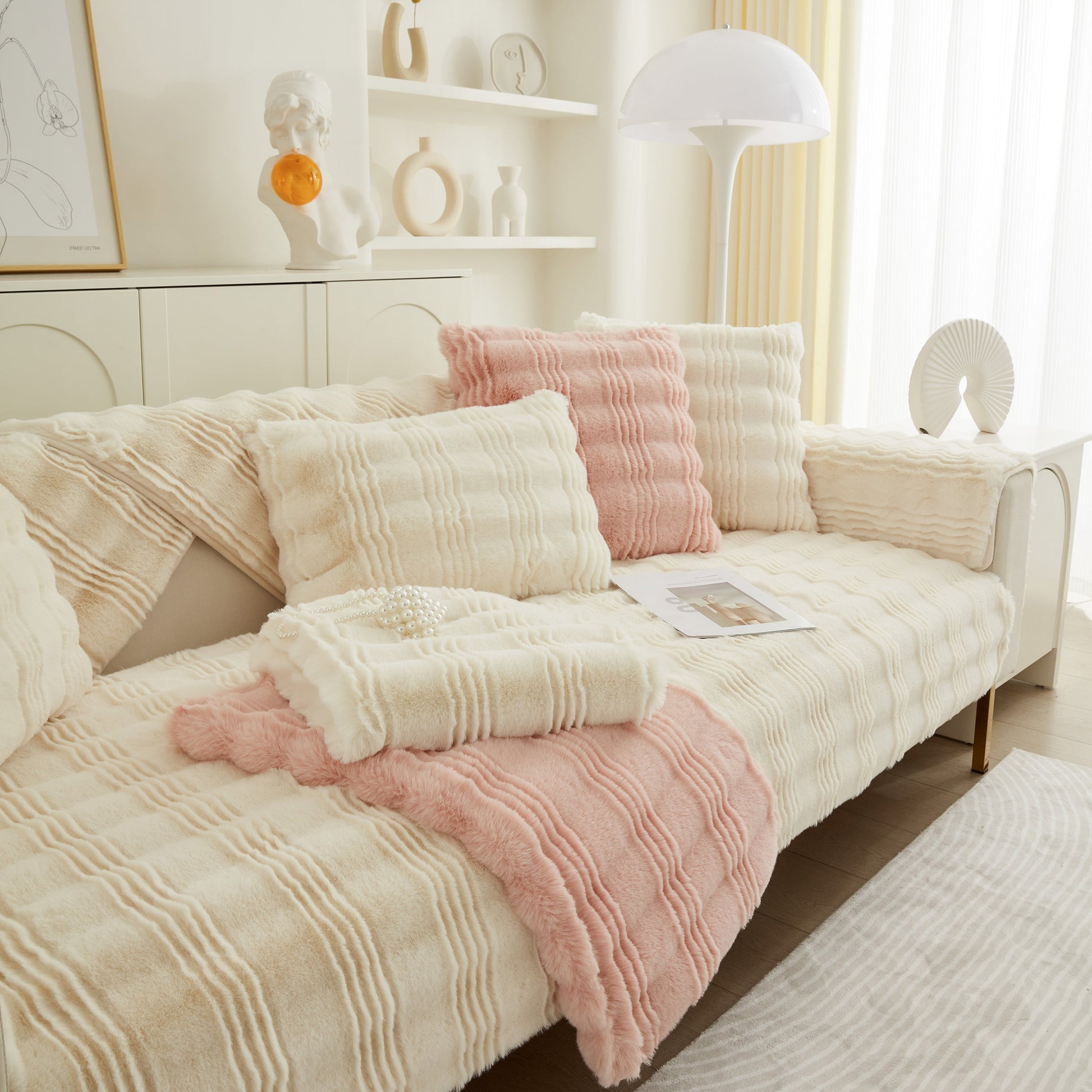 Soft Thick Faux Fur Sofa Cover Stripe Fluffy Fuzzy Non-Slip Washable Couch Covers in a stylish living room setting